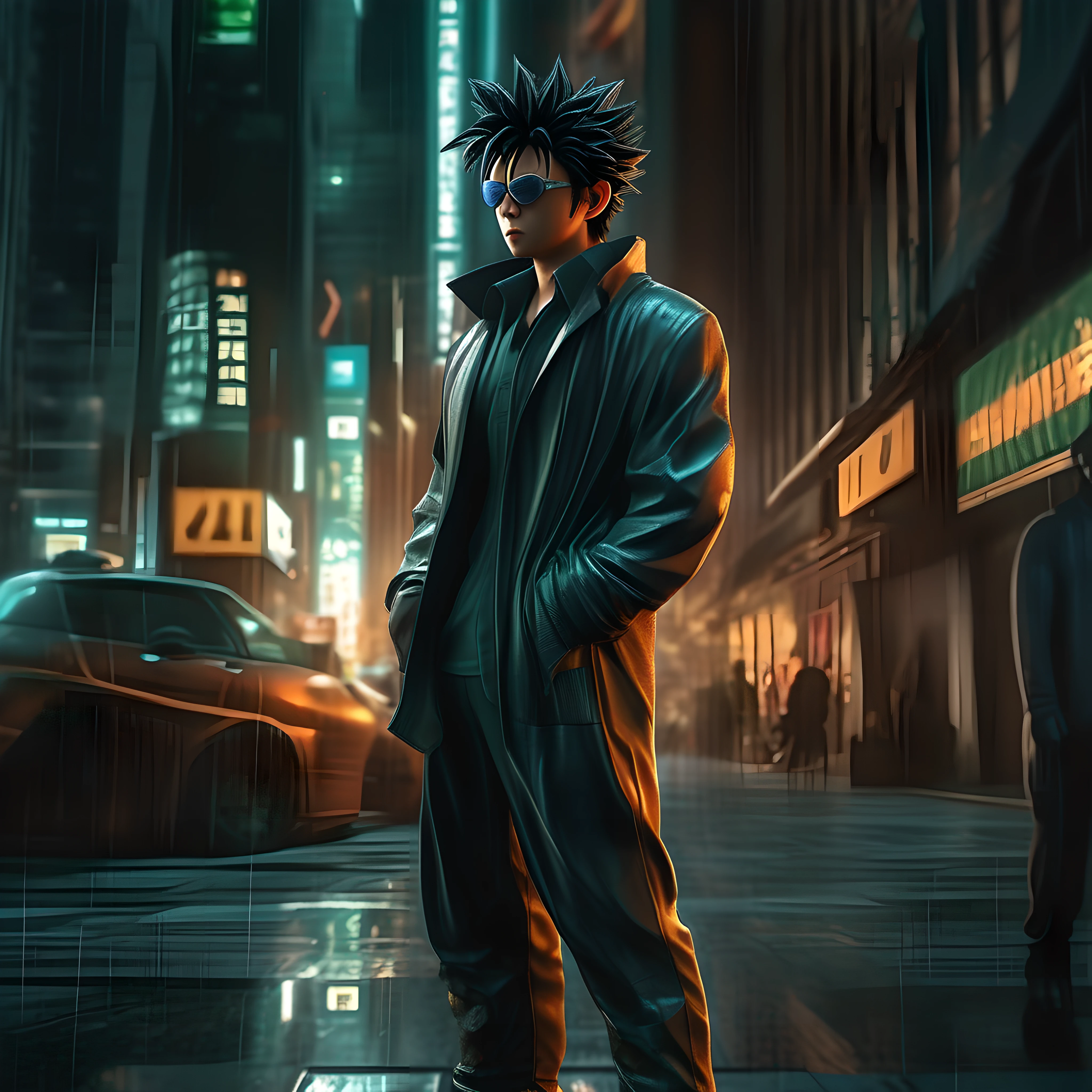 An art of the character Goku as Agent of the Matrix Full body photo style Digital style Caring to the smallest detail Attention to the smallest detail Realistic expression Bringing a convincing emotion Realistic Realistic lighting Shading Realistic No Grain No Anti-aliasing AHD Portrait style art Full body Scenery a realistic new york with a blur ahd full 8k the atmosphere of the picture convey emotions and facial expressions realistic body expressions realistic and natural realistic textures without any deformities a wonderfully diverse color palette colors used in various shades creating an atmosphere that conveys deep and realistic emotions a look that has a certain level of detail very high full body shot soft strokes full ahd realistic style stroke an octane style rendering with a tone that conveys emotions