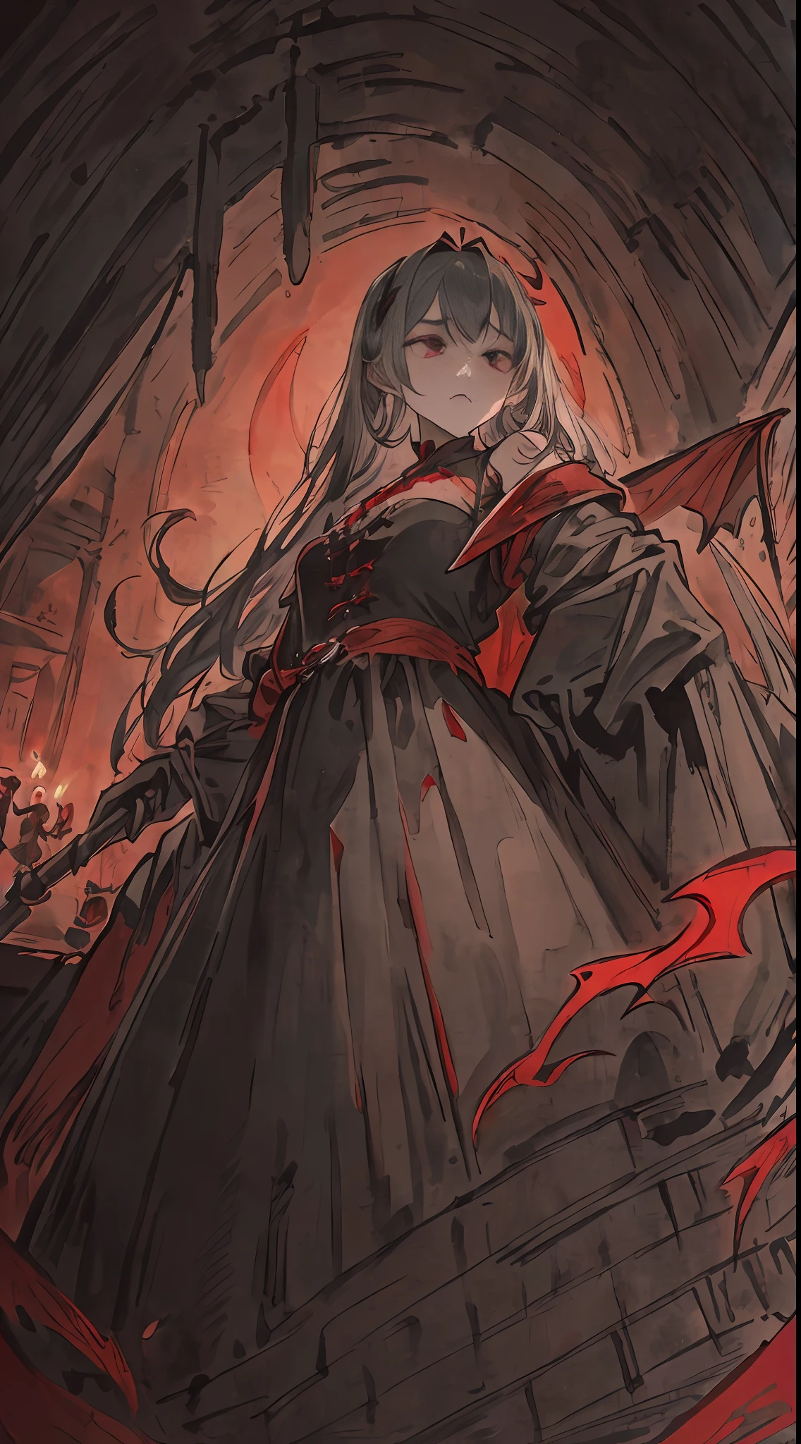 ((​masterpiece))、((top-quality))、((Official art))、8K、very detailed illustration、One girl、Gray hair、Long straight hair、Detailed eye、(Interior of the old castle 1.2)、The dim、(Gorgeous red and black gothic dress 1.2)、((Dracula's daughter))、((deadpan))、Fair skin、pure、Unclear、Meek、Suspiciousness、Pose like a model