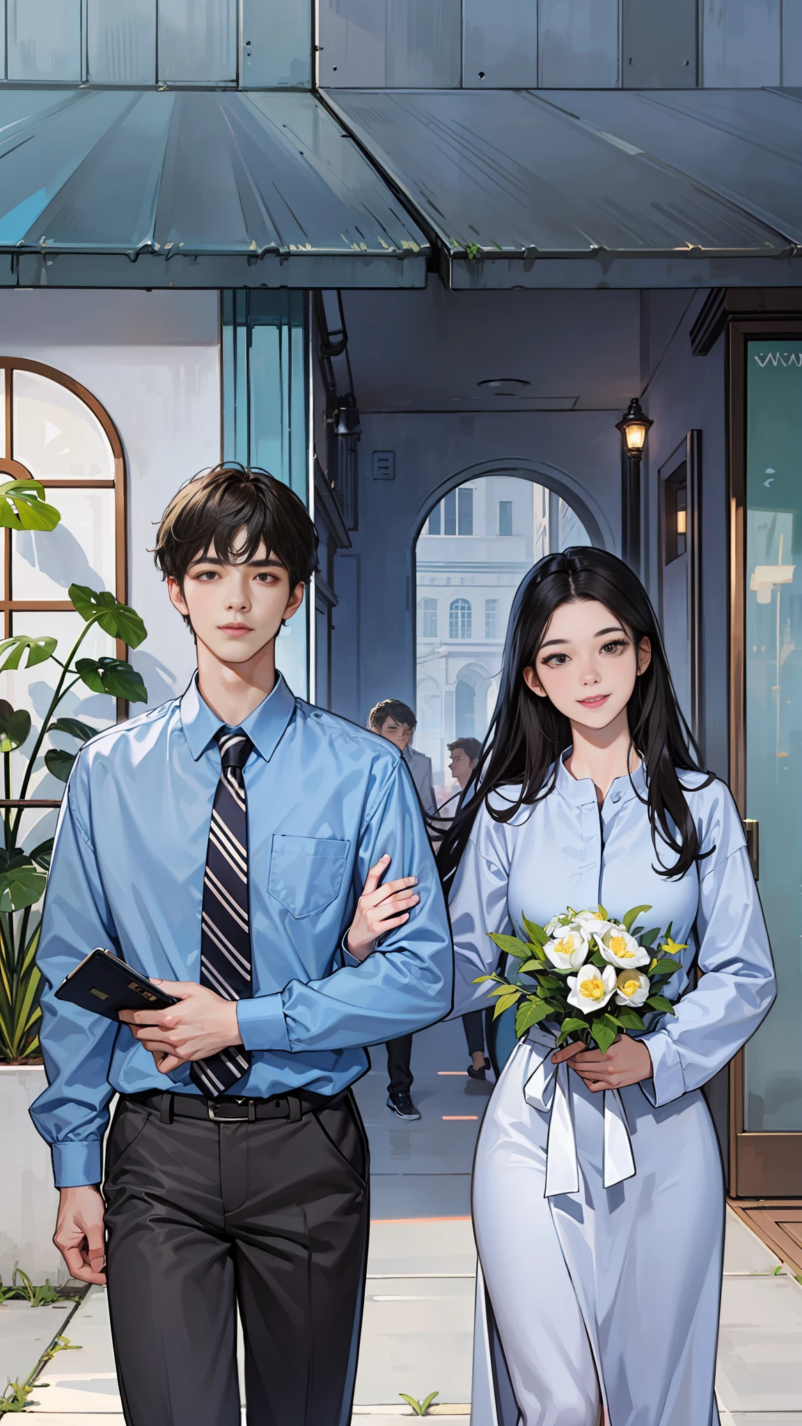 Shown is a man and a woman, with height difference, handsome, 20 years old, white shirt, black pants, back head, handsome, high appearance, high nose bridge, big eyes, double eyelids, mixed race, tall, black hair, brown eyes, symmetrical eyes, looking at the girl,, a woman wearing a beautiful skirt, long black hair, symmetrical eyes, big eyes, black eyes, there is a height difference, Mature face, smile