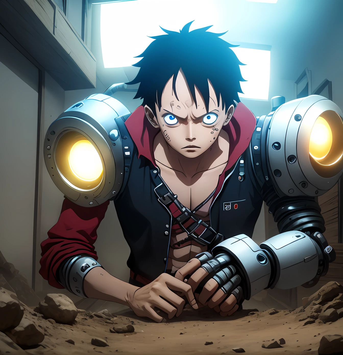 d. Luffy, straw hat, sozinho, corpo inteiro, (melhor qualidade), (Very detailed), profundidade de campo, esquete, sombras escuras, foco nítido, a dark illumination, HDR, good composition, Ambiente futurista e escuro, screencap anime, Cicatrizes abaixo dos Olhos, olhos negros, android, Cyberpunk, Technological implants, Technological prostheses , mechanical arm