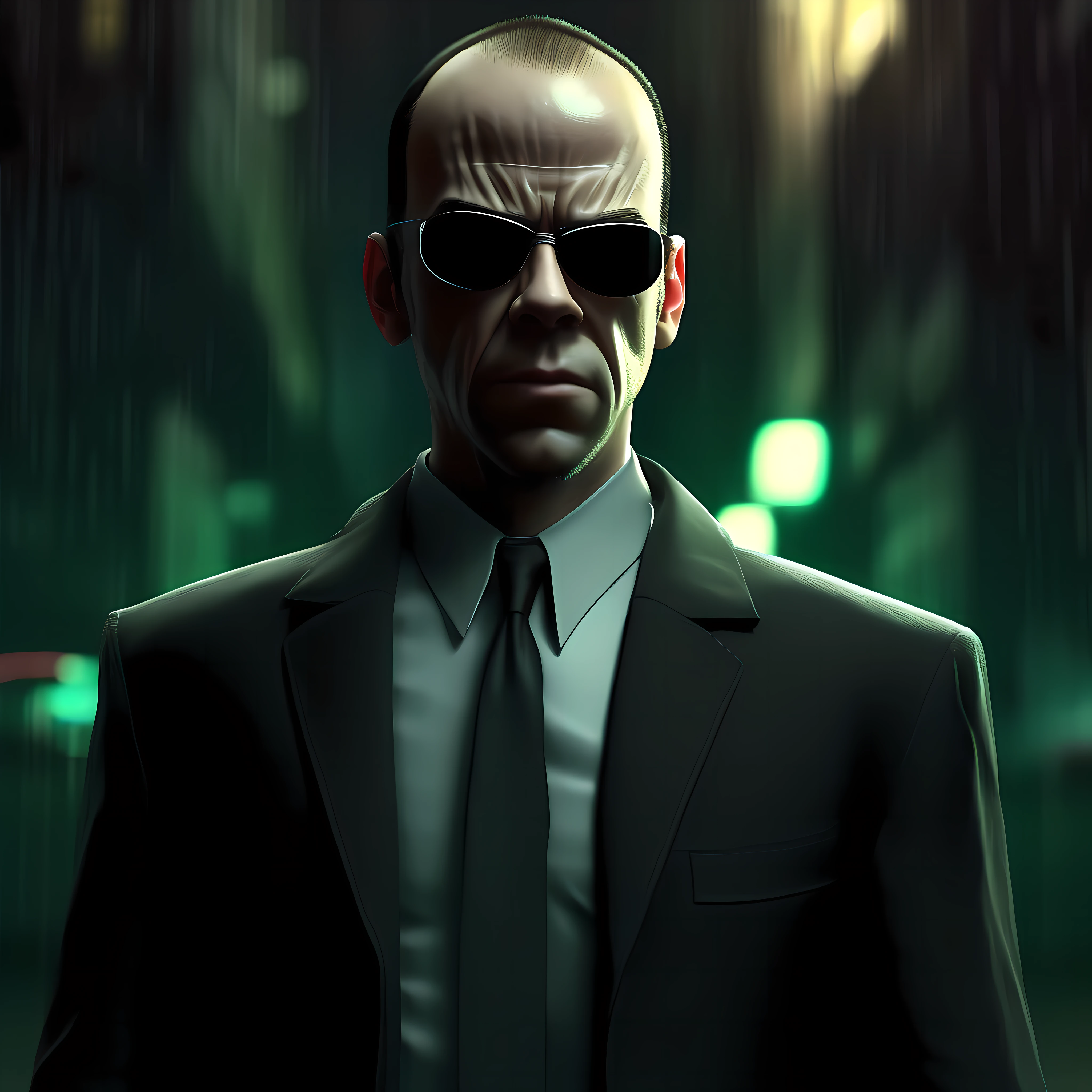 a character art agent smith matrix style full body shot digital style art with attention to the smallest details with attention to the smallest details realistic expression bringing a convincing emotion realistic realistic lighting realistic shading no grain no anti-aliasing ahd art style portrait full body scenery a new realistic york with a blur ahd full 8k the atmosphere of the image convey emotions and facial expressions realistic body expressions realistic and natural realistic textures without any deformities a wonderfully diverse color palette colors used in various shades creating an atmosphere that brings deep emotions and realistic a look that has a certain level of detail very high full body shot smooth stroke full ahd realistic style stroke an octane style rendering with a tone that conveys emotions