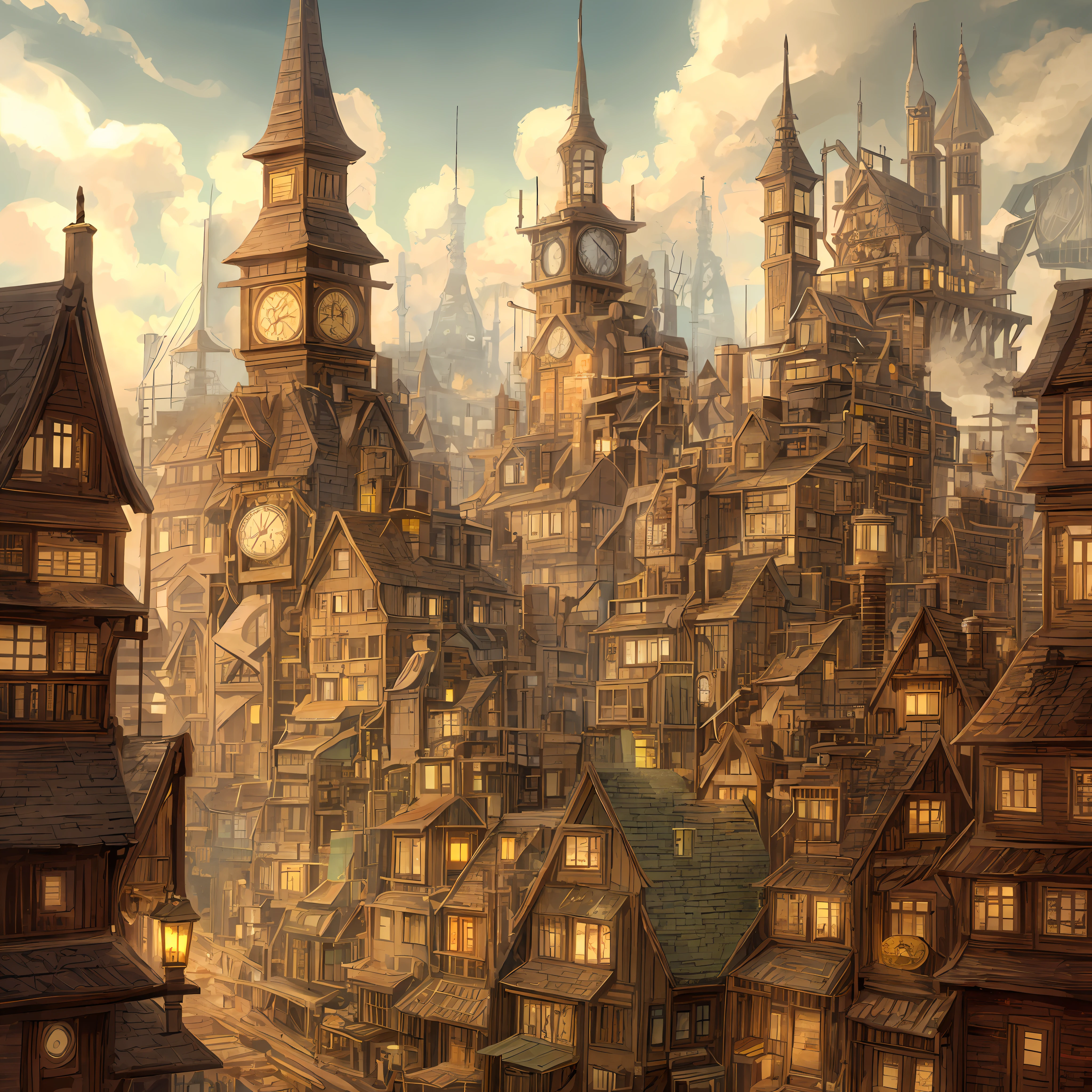 There is a photo of the city with the clock tower, Steampunk City, a steampunk city, in steampunk cityscape, ancient steampunk city, golden steampunk city atmosphere, Steampunk city background, Victorian Steampunk City Vista, in a steampunk distopian city, solarpunk village, Victorian steampunk megacity, Tokyo - esque town, Large-scale and structured Valhalla City, Steampunk village castle