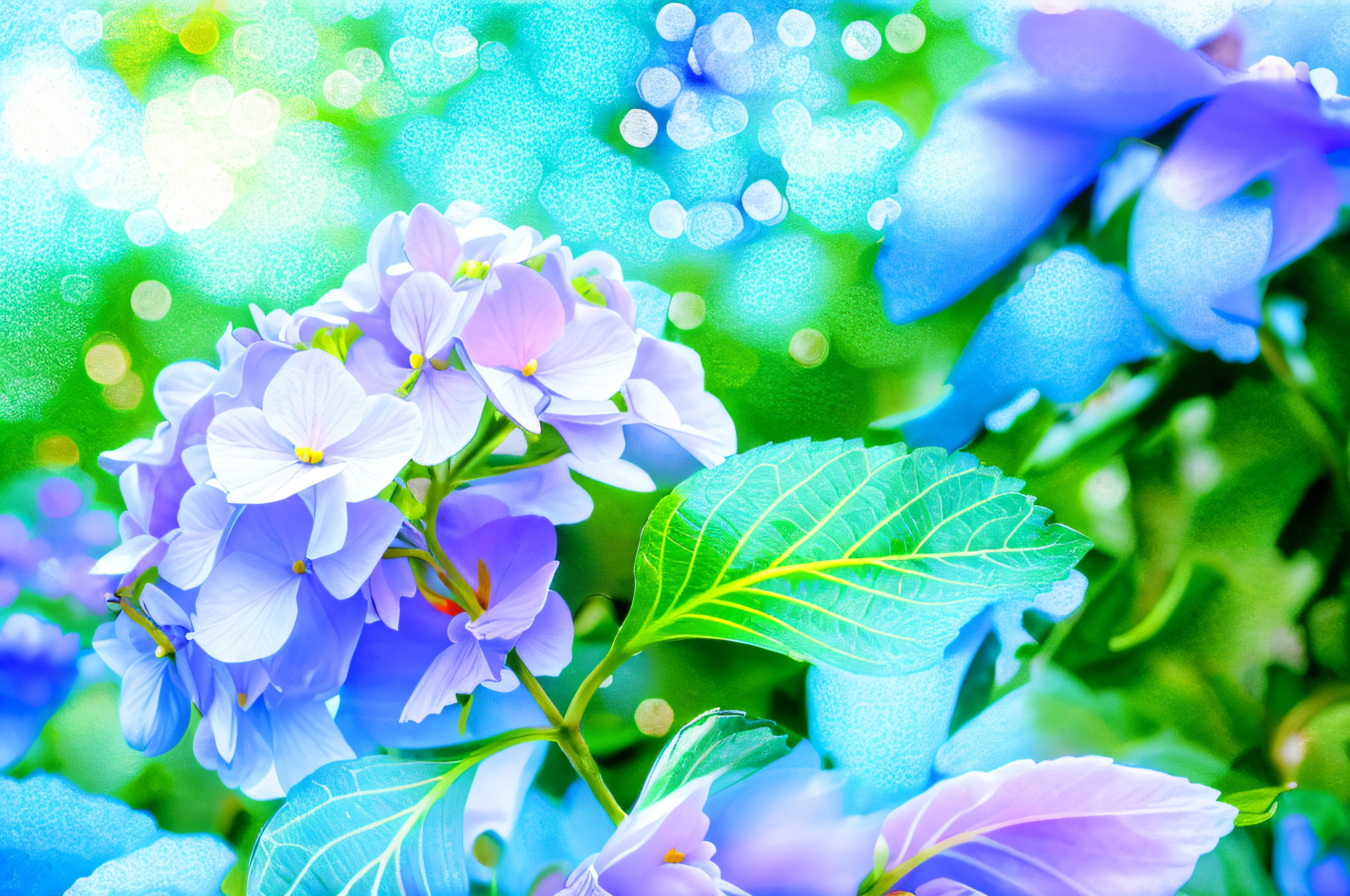 There are blue flowers growing in the grass, hydrangeas, deity of hydrangeas, blue flowers bloomed all over, Isolated hydrangea plants, Lush garden leaves and flowers, Blue and green tones, Blue flowers, Blue, purple and green, blue and green, Blue and purple plants, Blue and green colors, Vivid but boring blue