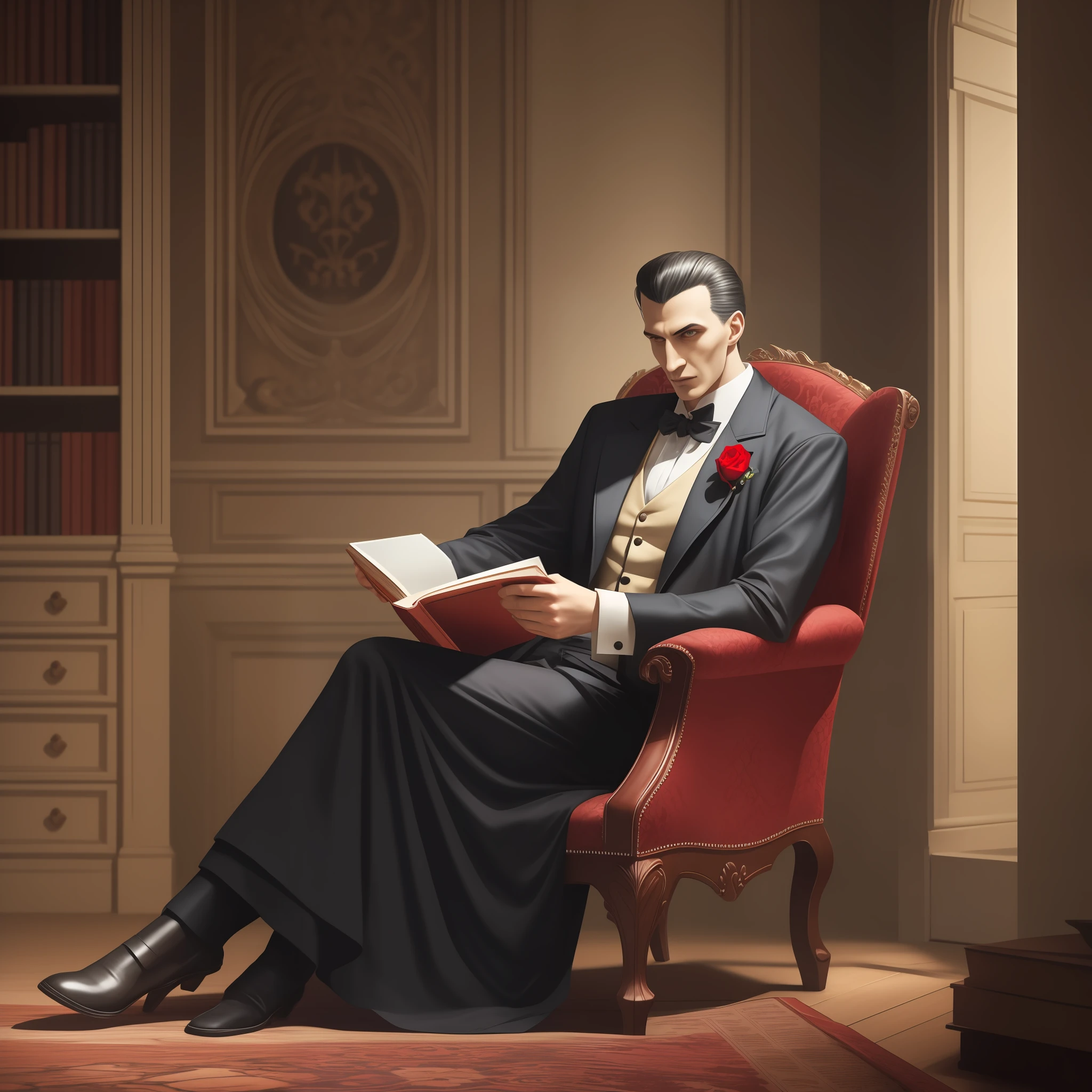 Modern Dracula sitting in a comfortable chair, tomando um vinho e lendo um livro, HDR, realista, sombra realista, contraste suave, best ilumination, fundo sala de um castelo sombrio, roupas sociais
