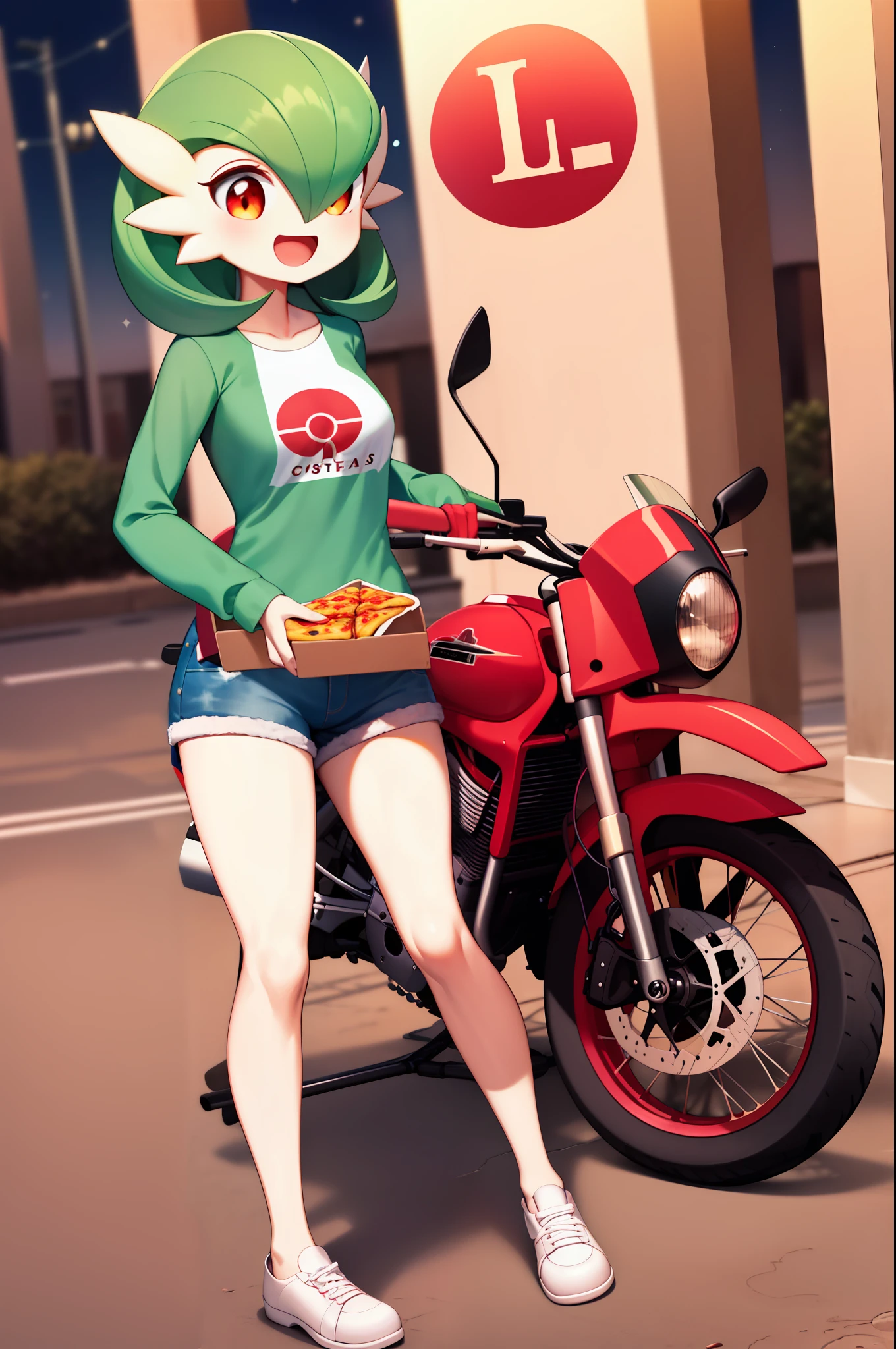 obra maestra, best_quality, 1girl, solo, gardevoir, pokemon \(criatura\), cabello verde, ojos rojos, en una ciudad, de noche, sonrisa, usando shorts, camisa roja, uniforme de pizzeria, lleva una caja de pizza en la mano, caja para pizzas, uniforme ajustado, senos femeninos, senos medianos, detras de ella hay una moto, moto vezzpa.