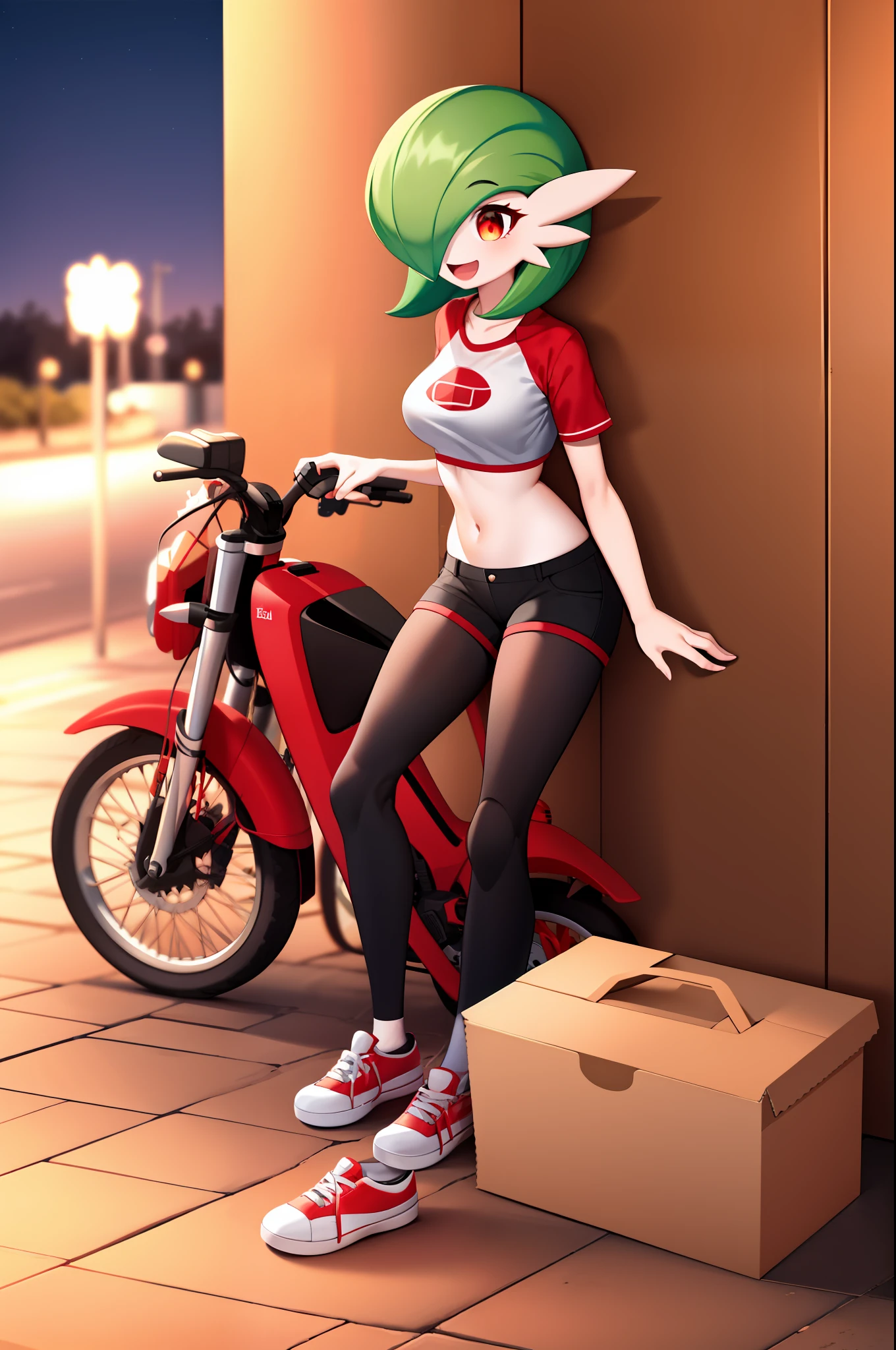 obra maestra, best_quality, 1girl, solo, gardevoir, pokemon \(criatura\), cabello verde, ojos rojos, en una ciudad, de noche, sonrisa, usando shorts, camisa roja, uniforme de pizzeria, lleva una caja de pizza en la mano, caja para pizzas, uniforme ajustado, senos femeninos, senos medianos, detras de ella hay una moto, moto vezzpa.