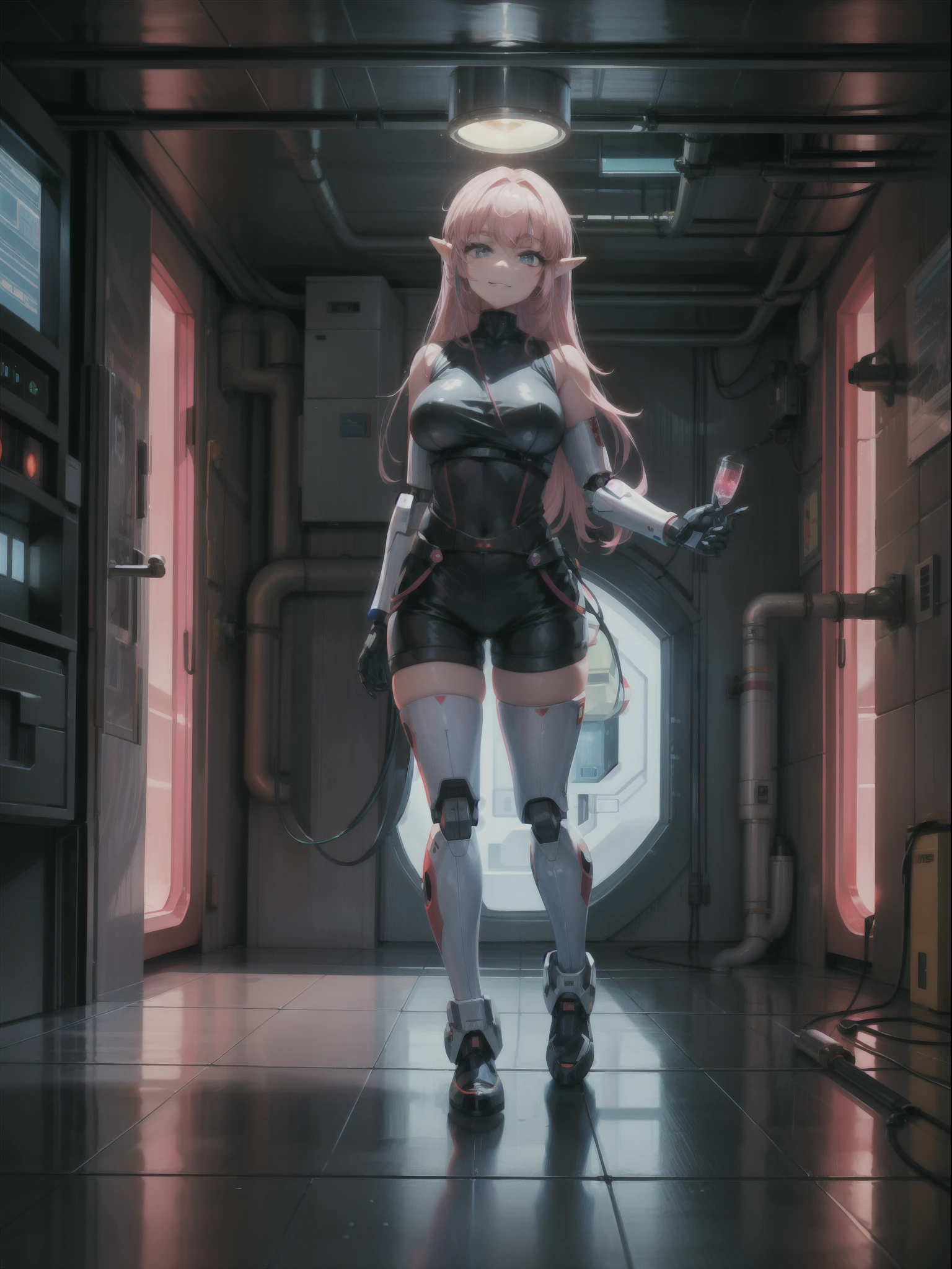 ((full body, standing):1.5), {(Princess Zelda)}, {((with bionic body parts, wearing extremely tight black sleeveless shirt, short gin shorts)), ((very large breasts) ), ((very short, straight pink hair, blue eyes)), staring at viewer, smiling, ((striking an erotic pose)), ((in a futuristic spaceship, in front of an elevator, window showing space sidereal, futuristic machines, humanoid robots, robots stuck in the wall, pipes with lights))}, 16k, best quality, best resolution, best sharpness, ultra detailed, 16k, best quality, best resolution, best sharpness, ultra detailed