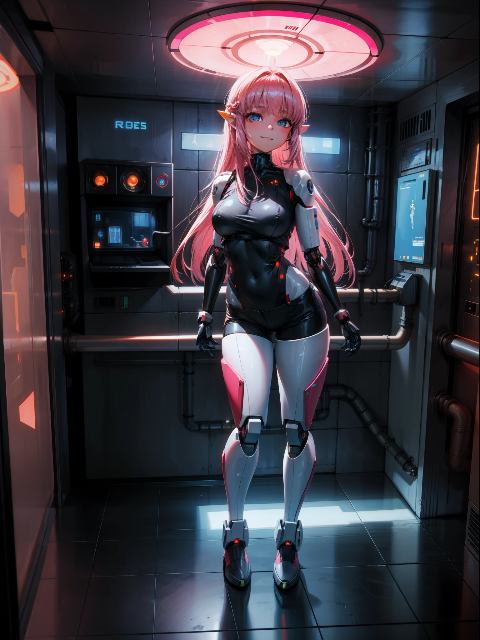 ((full body, standing):1.5), {(Princess Zelda)}, {((with bionic body parts, wearing extremely tight black sleeveless shirt, short gin shorts)), ((very large breasts) ), ((very short, straight pink hair, blue eyes)), staring at viewer, smiling, ((striking an erotic pose)), ((in a futuristic spaceship, in front of an elevator, window showing space sidereal, futuristic machines, humanoid robots, robots stuck in the wall, pipes with lights))}, 16k, best quality, best resolution, best sharpness, ultra detailed, 16k, best quality, best resolution, best sharpness, ultra detailed