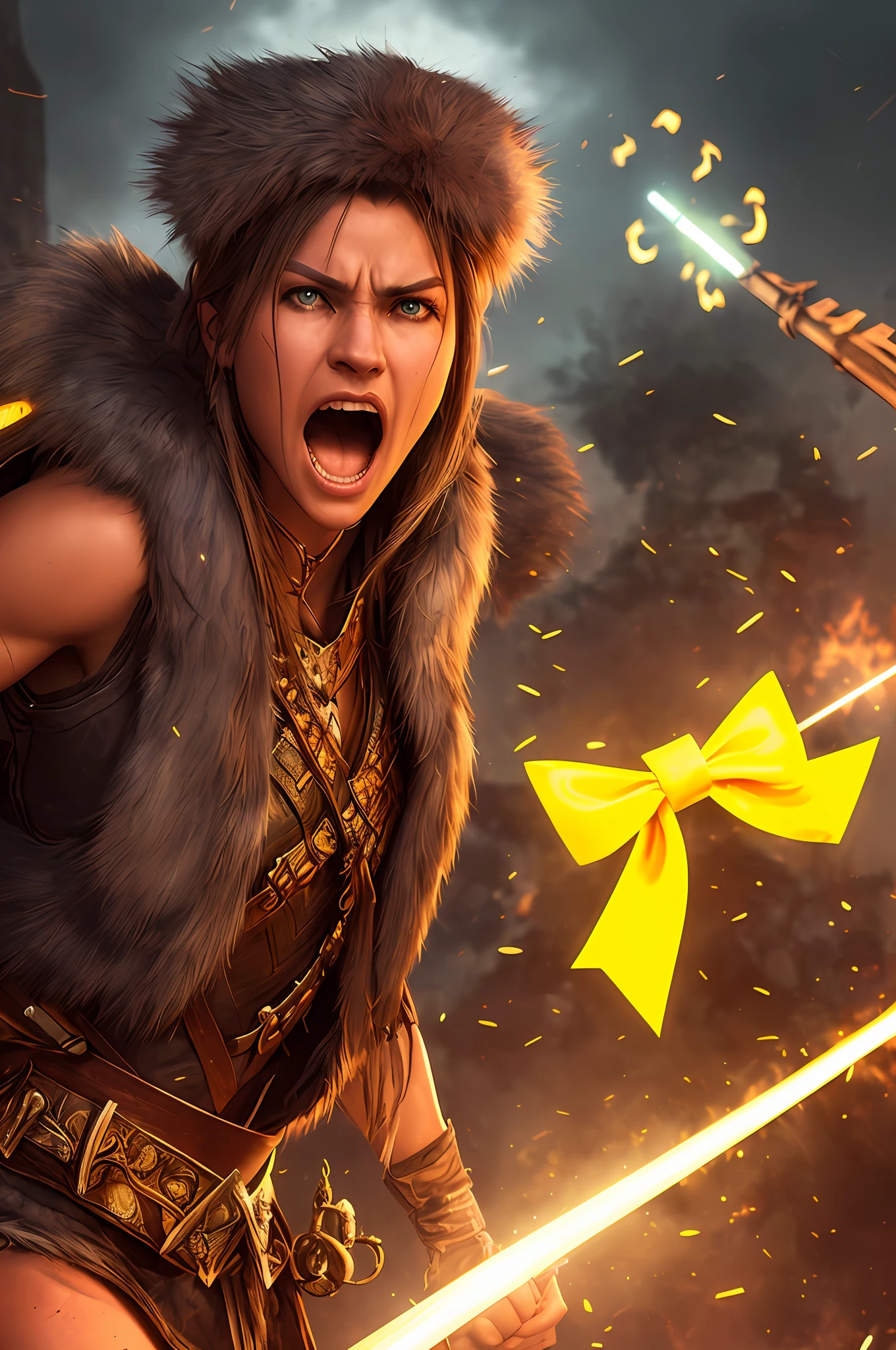close up photo of Woman Warrior with (glowing yellow crossbow:1.2) (in hand:1.2), remain relevant in age-old battles, with fearless face, screaming, (fur:1.2), (blond woman:1.2), realistic action photo, (((hdr))), hyperdetailed, cinematic, cool lights, intricate details, muscle, perspective view, UHD, 64k, unreal