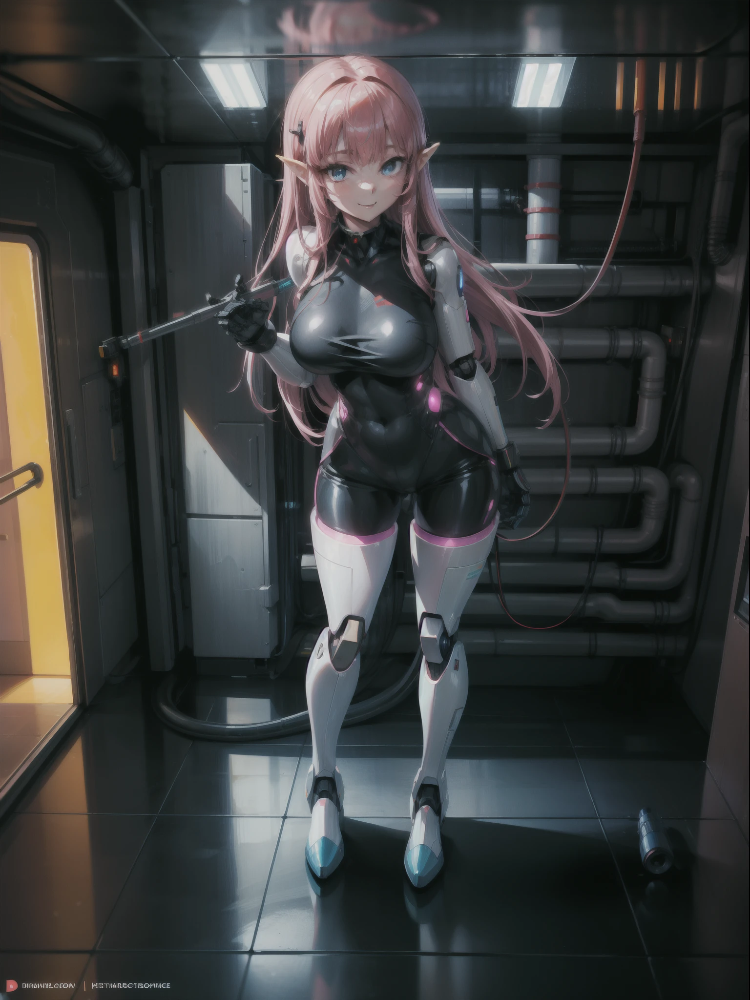 ((full body, standing):1.5), {(Princess Zelda)}, {((with bionic body parts, wearing extremely tight black sleeveless shirt, short gin shorts)), ((very large breasts) ), ((very short, straight pink hair, blue eyes)), staring at viewer, smiling, ((striking an erotic pose)), ((in a futuristic spaceship, in front of an elevator, window showing space sidereal, futuristic machines, humanoid robots, robots stuck in the wall, pipes with lights))}, 16k, best quality, best resolution, best sharpness, ultra detailed, 16k, best quality, best resolution, best sharpness, ultra detailed