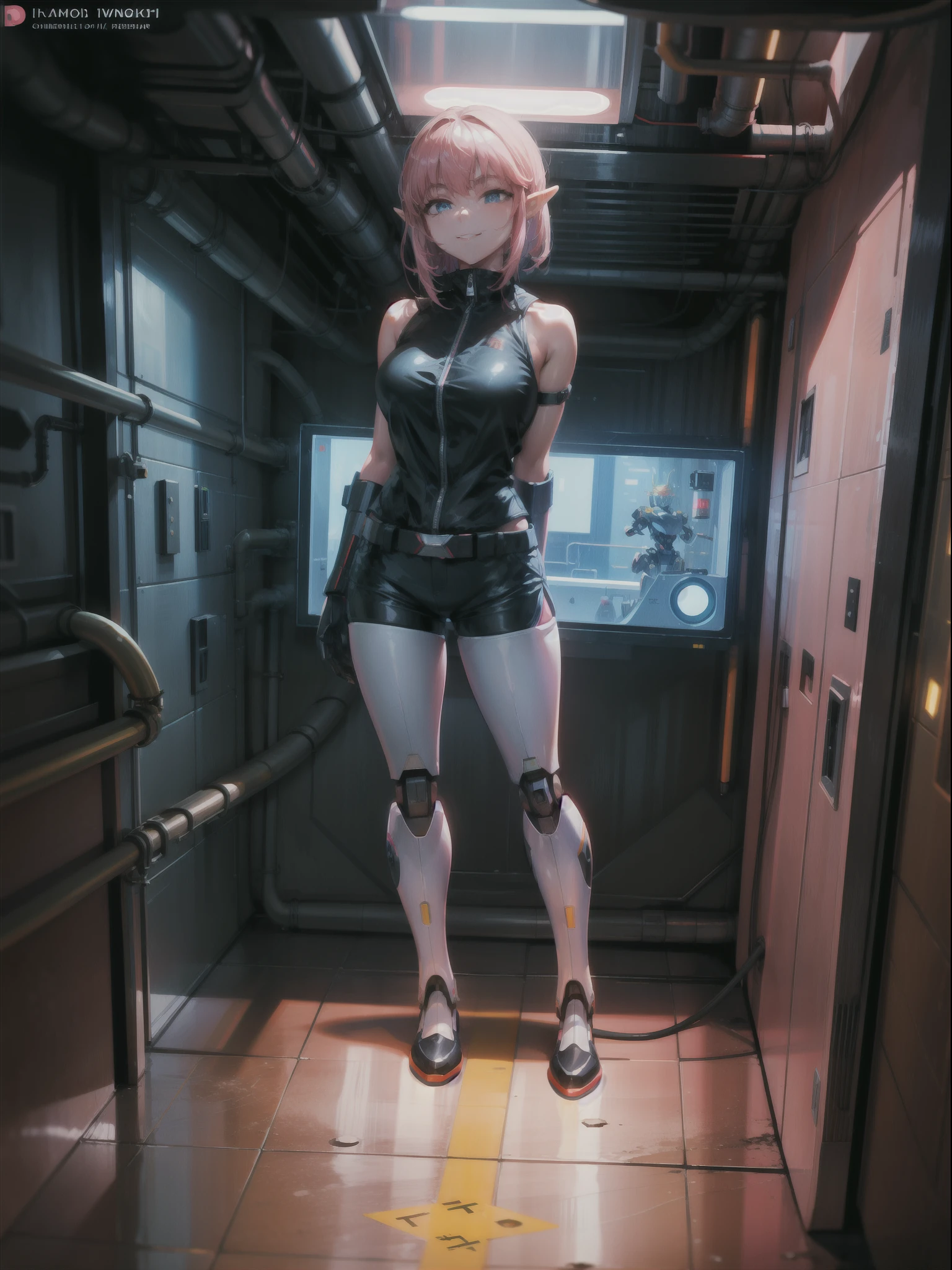 ((full body, standing):1.5), {(Princess Zelda)}, {((with bionic body parts, wearing extremely tight black sleeveless shirt, short gin shorts)), ((very large breasts) ), ((very short, straight pink hair, blue eyes)), staring at viewer, smiling, ((striking an erotic pose)), ((in a futuristic spaceship, in front of an elevator, window showing space sidereal, futuristic machines, humanoid robots, robots stuck in the wall, pipes with lights))}, 16k, best quality, best resolution, best sharpness, ultra detailed, 16k, best quality, best resolution, best sharpness, ultra detailed