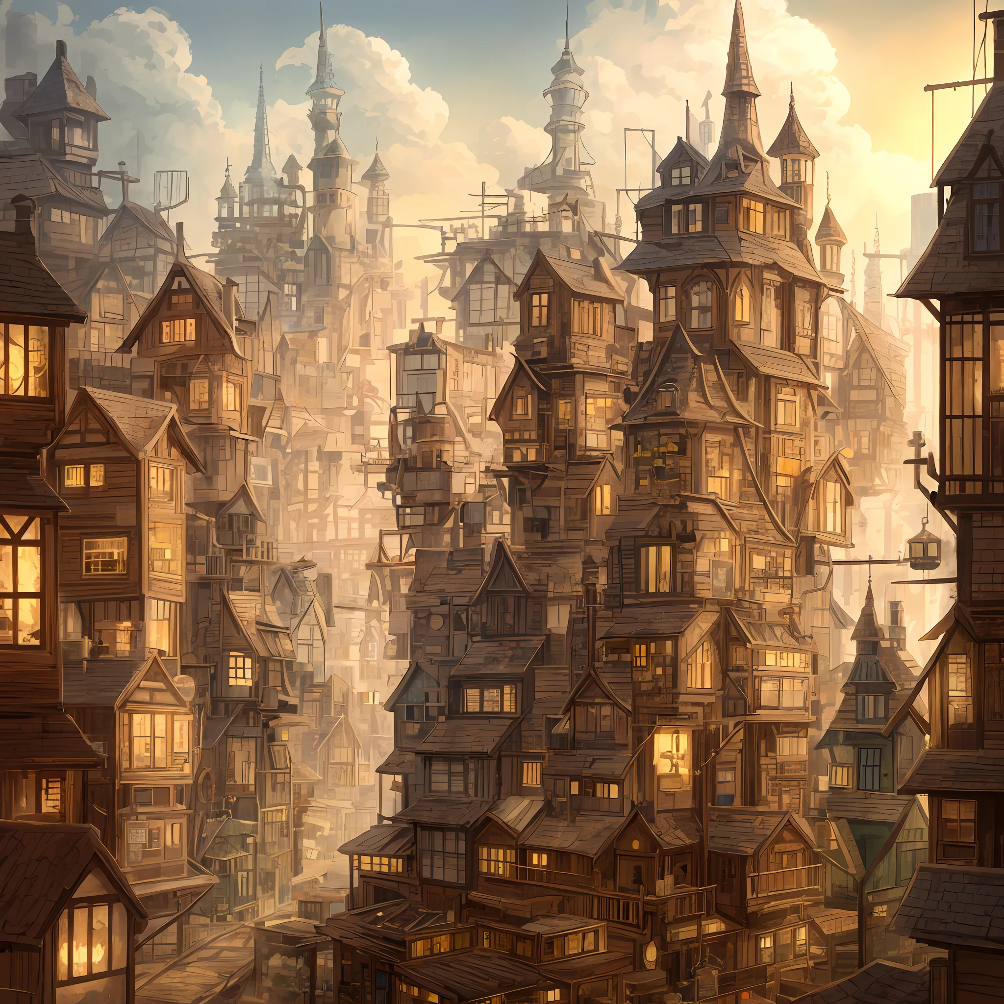 There is a photo of the city with a chimney, Steampunk City, a steampunk city, in steampunk cityscape, ancient steampunk city, golden steampunk city atmosphere, Steampunk city background, Victorian Steampunk City Vista, in a steampunk distopian city, solarpunk village, Victorian steampunk megacity, Tokyo - esque town, Large and structured city of Valhalla, Steampunk village castle