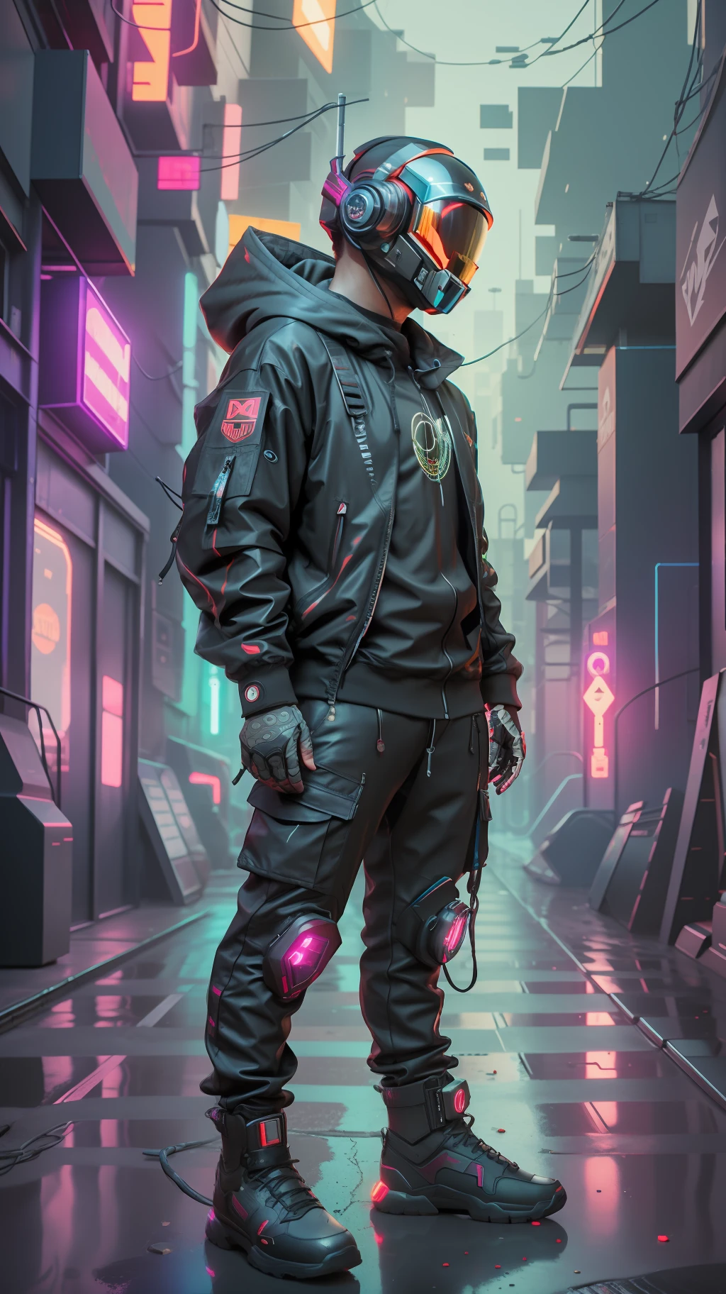 (masterpiece, full body shot, intricate raw photography) Cyberpunk menace, comfortable super oversized asymetrical  
plastic translucent techwear long jacket, black hoodie, black cargo pants, black clothing, dark, wearing a futuristic black high-tech helmet daft punk style, aerodynamic, intricate, futuristic, advanced technology, dark-wet environment, dramatic, light and shadow, cinematic, action movie, sharpness, random relaxed position, cyberpunk city, street neon lights, dark street, night, insta photo, photo of the year,  octane render, substance, Maya 3D, cinema4D, ArtStation Trending, Devian Art Trend,