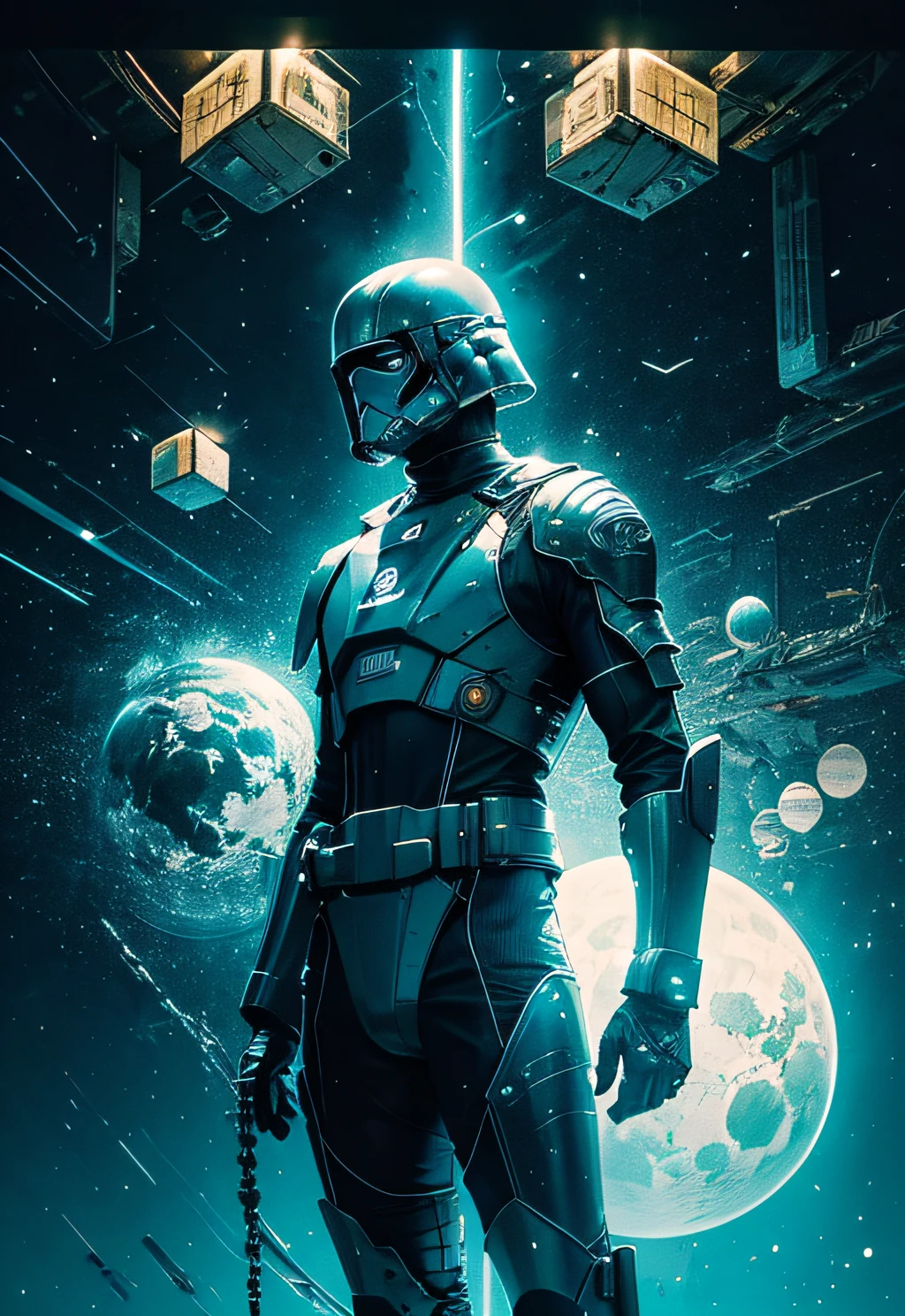 a man coming out of a spaceship like the one in Starwars, Black man, negroid, holding a mechanical sphere with floating glowing cubes, the sphere has some glowing lines. the cubes are radiating energy. the man is commanding the sphere, the man is a scientist. Hyper realistic, Photography, Picture of the week, RAW, beautiful, (finely detailed skin), African skin, delivery driver, standing next to DHL stargate, imechanical futuristic uniform, glowing Clouds in the background, lightning, extremely detailed,colorful,highest detailed, (dynamic pose), shiny skin, zentangle, flowers, abstract background,(masterpiece) (perfect proportion)(realistic photo)(best quality) (detailed) photographed on a Canon EOS R5, 50mm lens, F/2.8, HDR, (8k) (wallpaper) (cinematic lighting) (dramatic lighting) (sharp focus) (intricate)