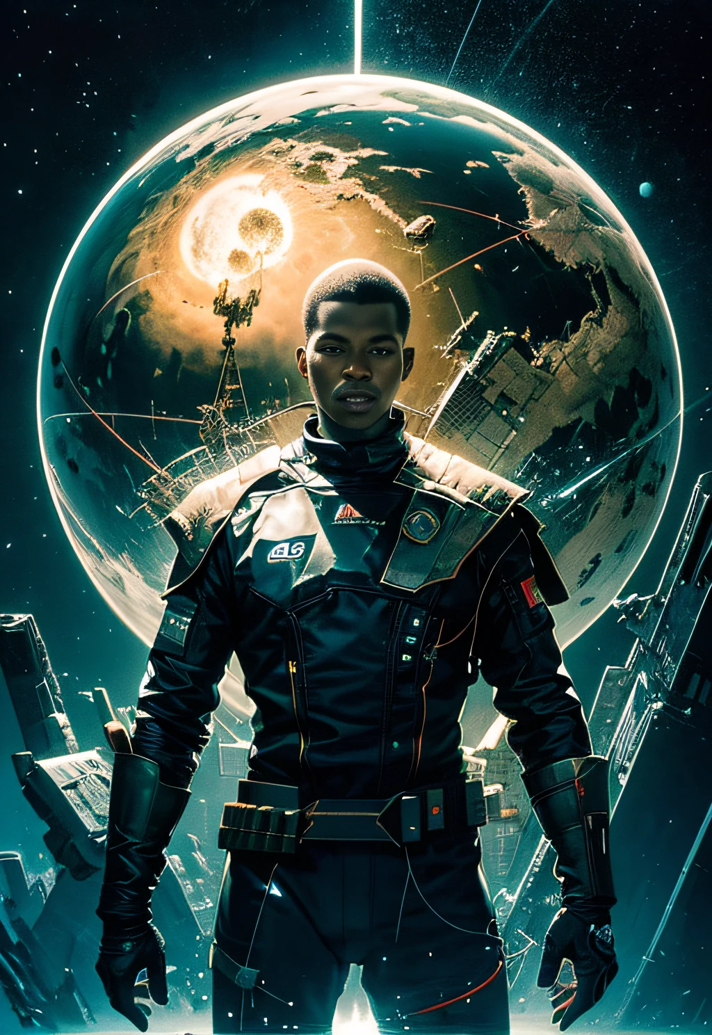 a man coming out of a spaceship like the one in Starwars, Black man, negroid, holding a mechanical sphere with floating glowing cubes, the sphere has some glowing lines. the cubes are radiating energy. the man is commanding the sphere, the man is a scientist. Hyper realistic, Photography, Picture of the week, RAW, beautiful, (finely detailed skin), African skin, delivery driver, standing next to DHL stargate, imechanical futuristic uniform, glowing Clouds in the background, lightning, extremely detailed,colorful,highest detailed, (dynamic pose), shiny skin, zentangle, flowers, abstract background,(masterpiece) (perfect proportion)(realistic photo)(best quality) (detailed) photographed on a Canon EOS R5, 50mm lens, F/2.8, HDR, (8k) (wallpaper) (cinematic lighting) (dramatic lighting) (sharp focus) (intricate)