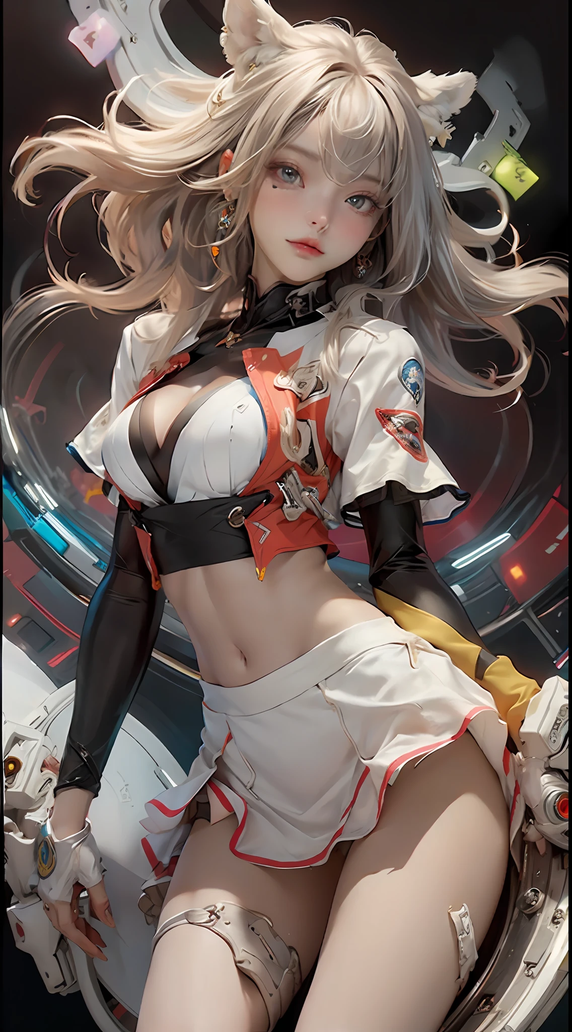 in spaceship, floating in the space, fashion model posing, fashion model posing, white and red color none sleeve T-shirt, white short skirt, red ultra short pants, head and full body, Extremely cute human eighteen year old girl, bare legs, very beautiful and feminine, short, petite, beautiful breast, small, busty buttocks, large bust, large breast, bare legs, bare legs, cleavage display, split skirt, flat belly display, detailed eyes, detailed nose, super detailed on face, partial accessory with earring on the ear, very stylish, award-winning product design, tights, split skirt, bare legs, Shiny breast top opens at the cleavage and abdomen, stylish, glowing trims, atmospheric perspective, 8k, super detail, Accurate, best quality,