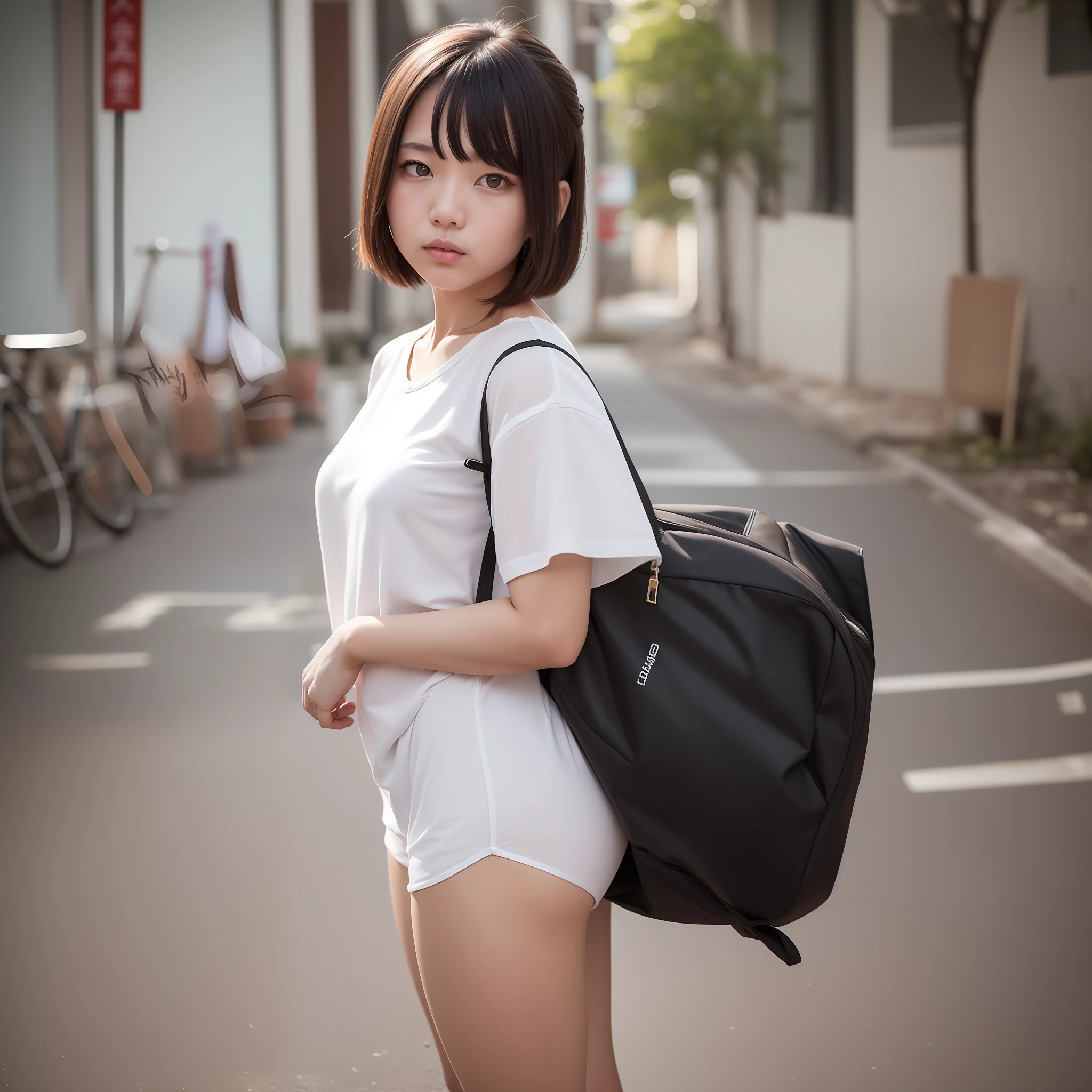 Chica de pelo corto naranja posando para una foto. Realista, 8k, vertical, ultra hd, foto realista de una chica asiatica, chica china, Asian adolescent, Asian girl, 18yr old, 18 yo girl, adolescentes china, (1chica).