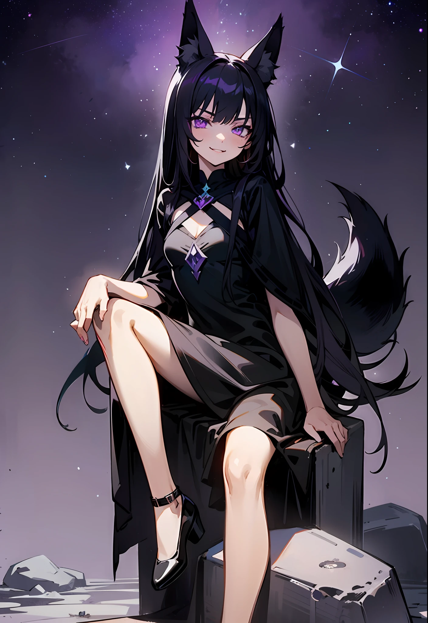 (medium portrait:0.7), (best illumination:1.1), (long black hair:1.1), (purple eyes:1.1), 1girl, girl, black fox-ears, black fox-tail, evilish serious smile, black dress with white details, small breasts, sitting on a stone throne, purple starry sky in background