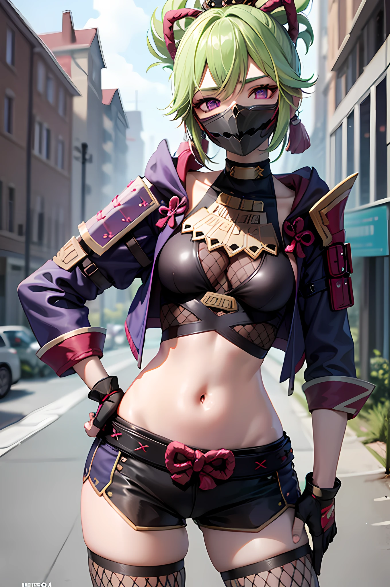 masterpiece, best quality, KShinobuV4, 1girl, solo, looking at viewer, outdoor, fishnet stockings, gloves, navel, hair between eyes, standing, jacket, armor, crop top, hand on hip, black shorts, mask, fishnets, rope, purple cropped jacket, fishnet top, UHD, anatomically correct