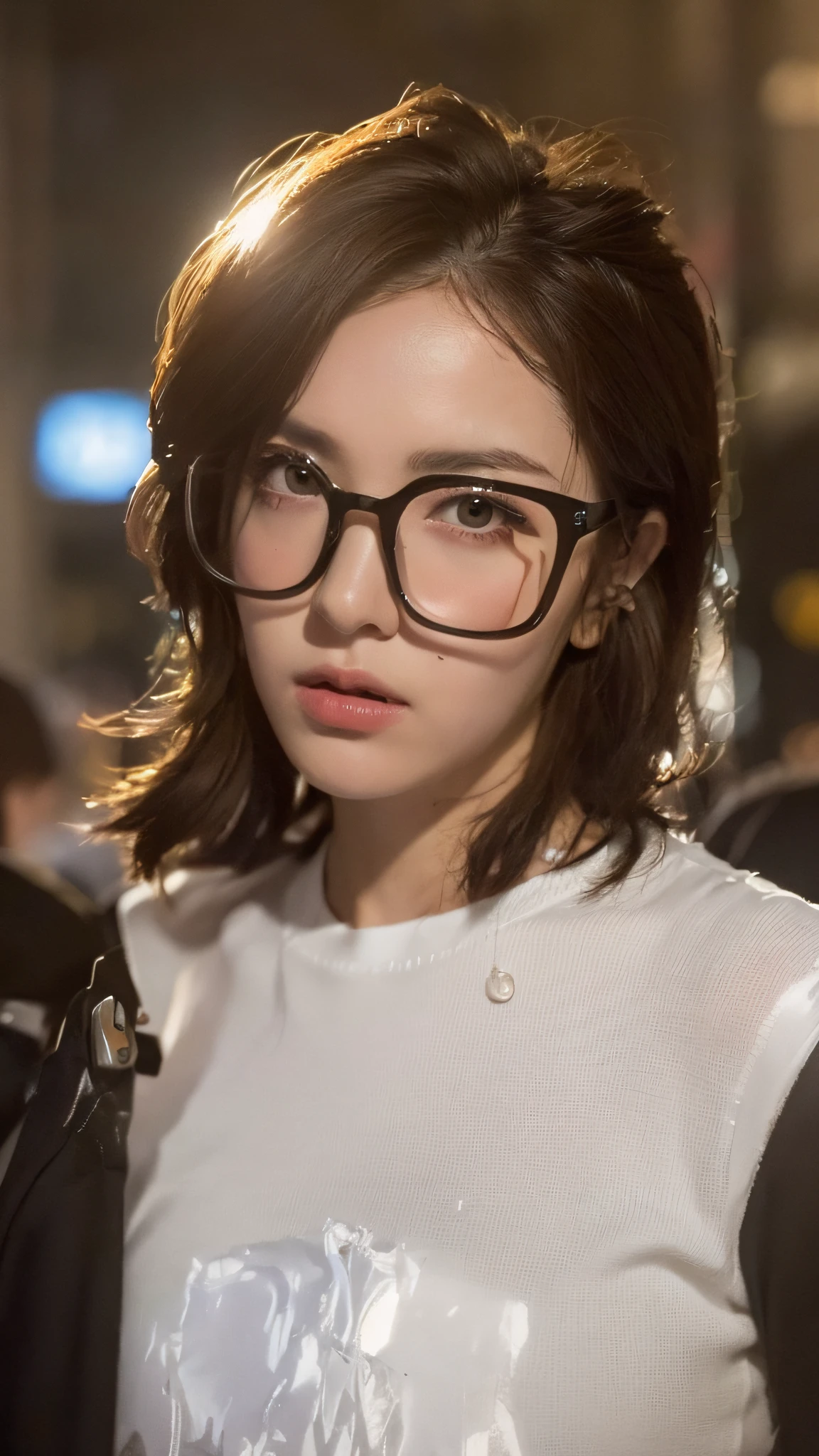 ((The lighting is realistic, Best Picture Quality, 8k, tmasterpiece:1.3)), sharp fokus:1.2, 1girl, Beautiful Women in Perfect Figure:1.4, Slimming of the lumbar and abdominal muscles:1.1, ((dark brown  hair)), (Crop top white clothing:1.4),（Outdoors at night:1.1），the city street，Ultra-fine face，Delicate eyes，二重まぶた。