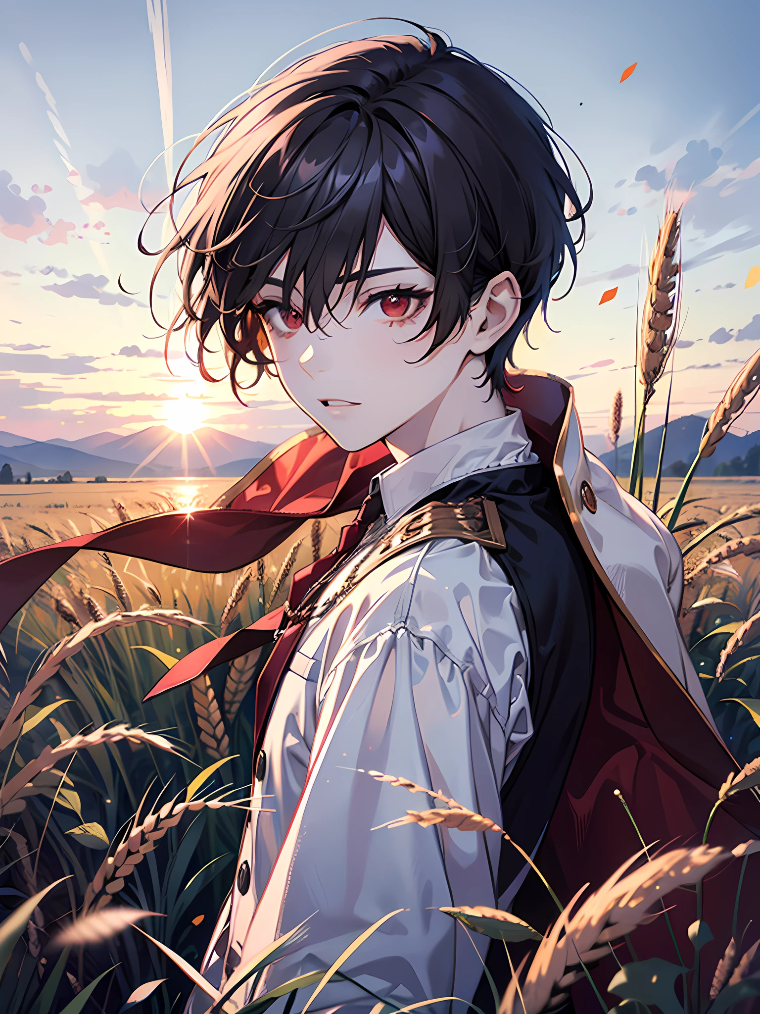 masterpiece, best quality, wheat field background:1.3, 1boy:1.3, white jacket:1.4, white shirt:1.4, red pendant on neck,platinum hair:1.3, short hair, cinematic shadows, cinematic lighting, burning ash particles:1.3, night, wavy hair:1.3, boy looking at me, red eyes:1.3