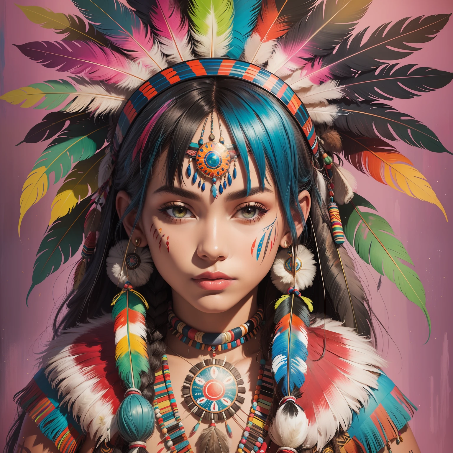 a painting of a woman with feathers on her head, an acrylic painting inspired by George Catlin, trending on Artstation, street art, native american art, artistic painting, she has feathers, native art, tribal paint, trending artistic art, girl with feathers, feathers and paint, stunning painting, intricate oil painting artwork, made of feathers, stunning art style