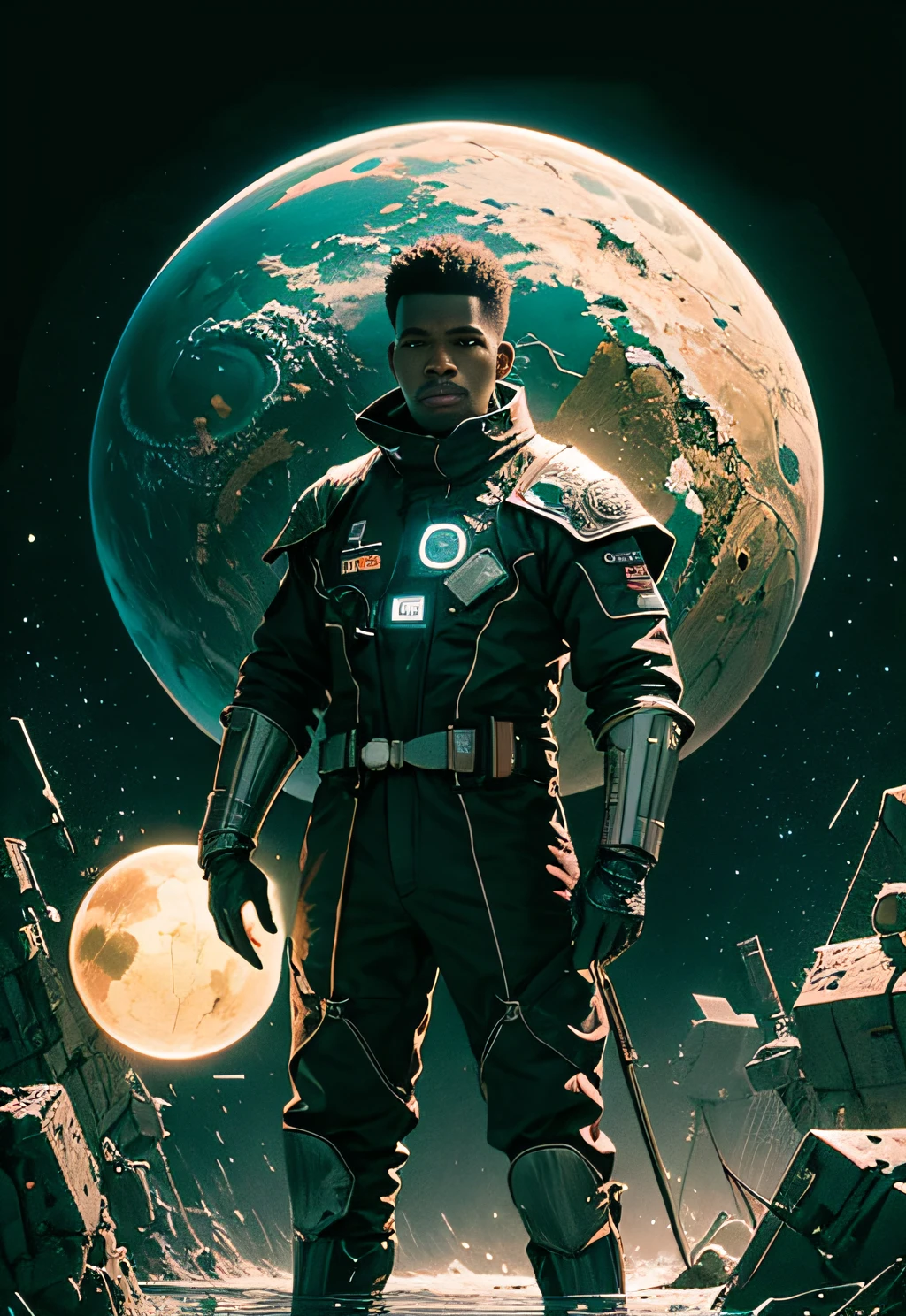 a man coming out of a spaceship like the one in Starwars, Black man, negroid, holding a mechanical cube with floating glowing spheres floating around, the cube has some glowing circle lines. the cube is radiating energy. the man is commanding the spheres, the man is a scientist. Hyper realistic, Photography, Picture of the week, RAW, beautiful, (finely detailed skin), African skin, delivery driver, standing next to DHL stargate, imechanical futuristic uniform, glowing Clouds in the background, lightning, extremely detailed,colorful,highest detailed, (dynamic pose), shiny skin, zentangle, flowers, abstract background,(masterpiece) (perfect proportion)(realistic photo)(best quality) (detailed) photographed on a Canon EOS R5, 50mm lens, F/2.8, HDR, (8k) (wallpaper) (cinematic lighting) (dramatic lighting) (sharp focus) (intricate)