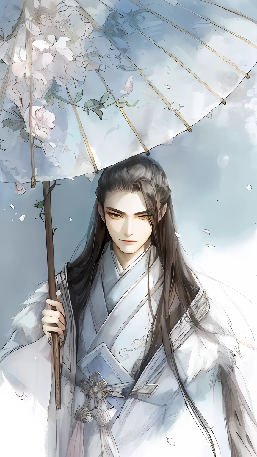 Young man in light blue clothes,hand holding oil-paper umbrella,long hair flowing,Golden eyes, Inspired by Seki Dosheng, Inspired by Zhao Yuan, handsome guy in demon killer art, heise jinyao, Wuxia, inspired by Wu Daozi, flowing hair and long robes, Inspired by Zhang Han, Inspired by Cao Zhibai, Inspired by Bian Shoumin, inspired by Fan Kuan