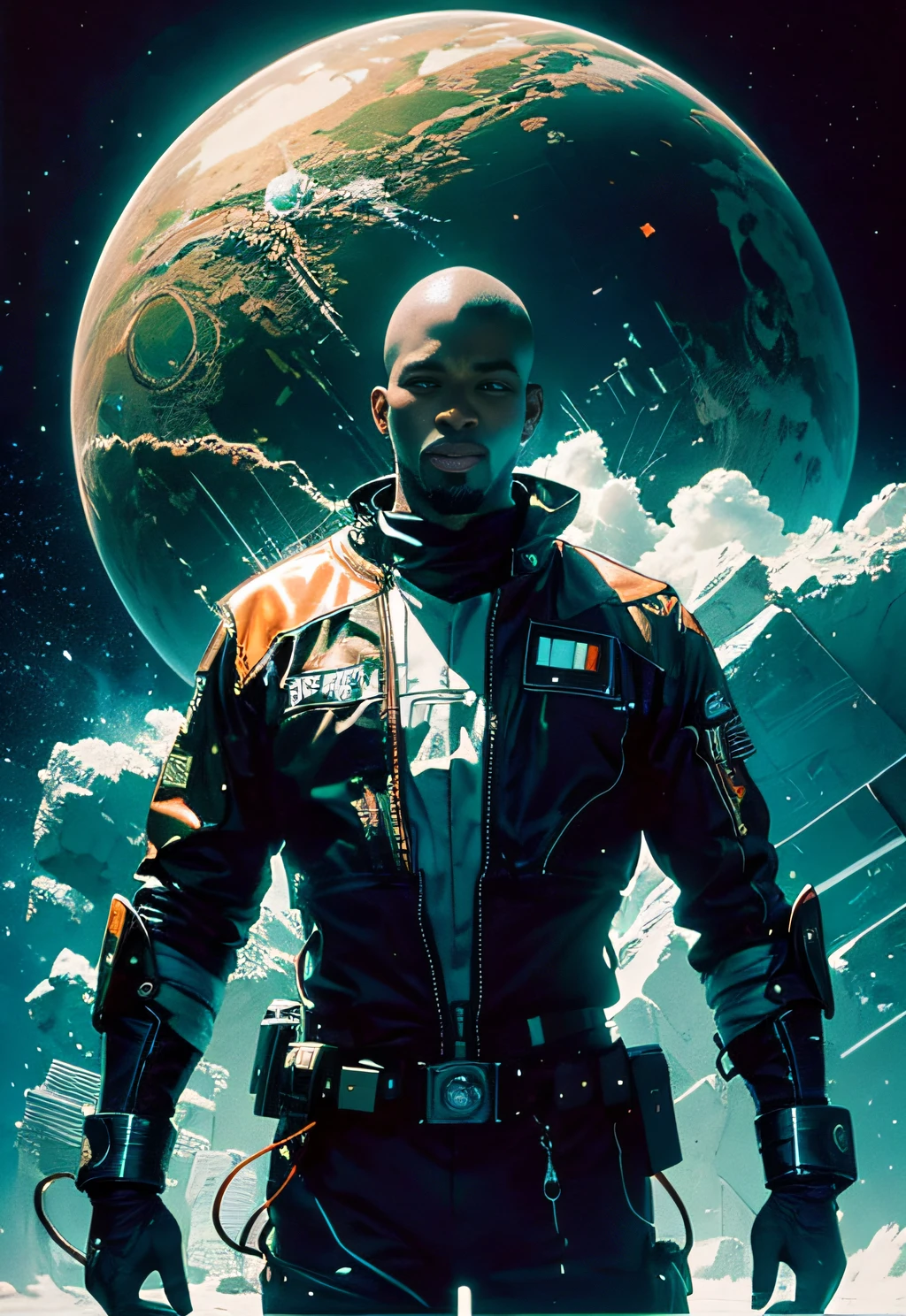 a man coming out of a spaceship like the one in Starwars, Black man, negroid, holding a mechanical sphere with floating glowing cubes, the sphere has some glowing lines. the cubes are radiating energy. the man is commanding the sphere, the man is a scientist. Hyper realistic, Photography, Picture of the week, RAW, beautiful, (finely detailed skin), African skin, delivery driver, standing next to DHL stargate, imechanical futuristic uniform, glowing Clouds in the background, lightning, extremely detailed,colorful,highest detailed, (dynamic pose), shiny skin, zentangle, flowers, abstract background,(masterpiece) (perfect proportion)(realistic photo)(best quality) (detailed) photographed on a Canon EOS R5, 50mm lens, F/2.8, HDR, (8k) (wallpaper) (cinematic lighting) (dramatic lighting) (sharp focus) (intricate)