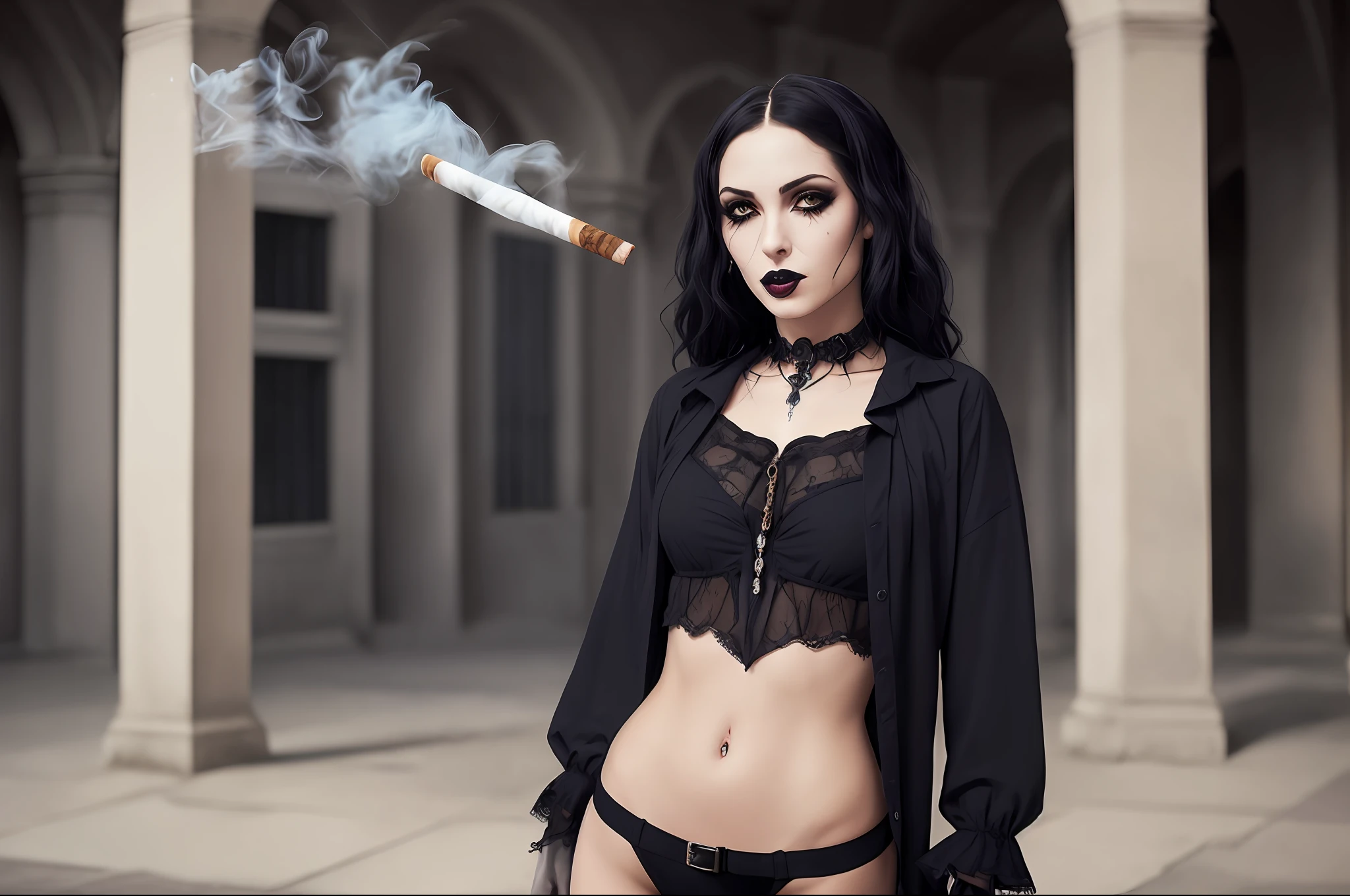 uma foto da parte superior do corpo de uma jovem em (casual Gothic style clothing), corpo lindo, ((fotorrealista)), rosto bonito realista, pernas longas e bonitas, Realistic pale glowing skin, dynamic shadows, roupas escuras, Dark lips, erotic details, insanos, detalhes intrincados, hiperdetalhados ((CIGARRO NA BOCA)) BLACK TEARS IN HER EYES