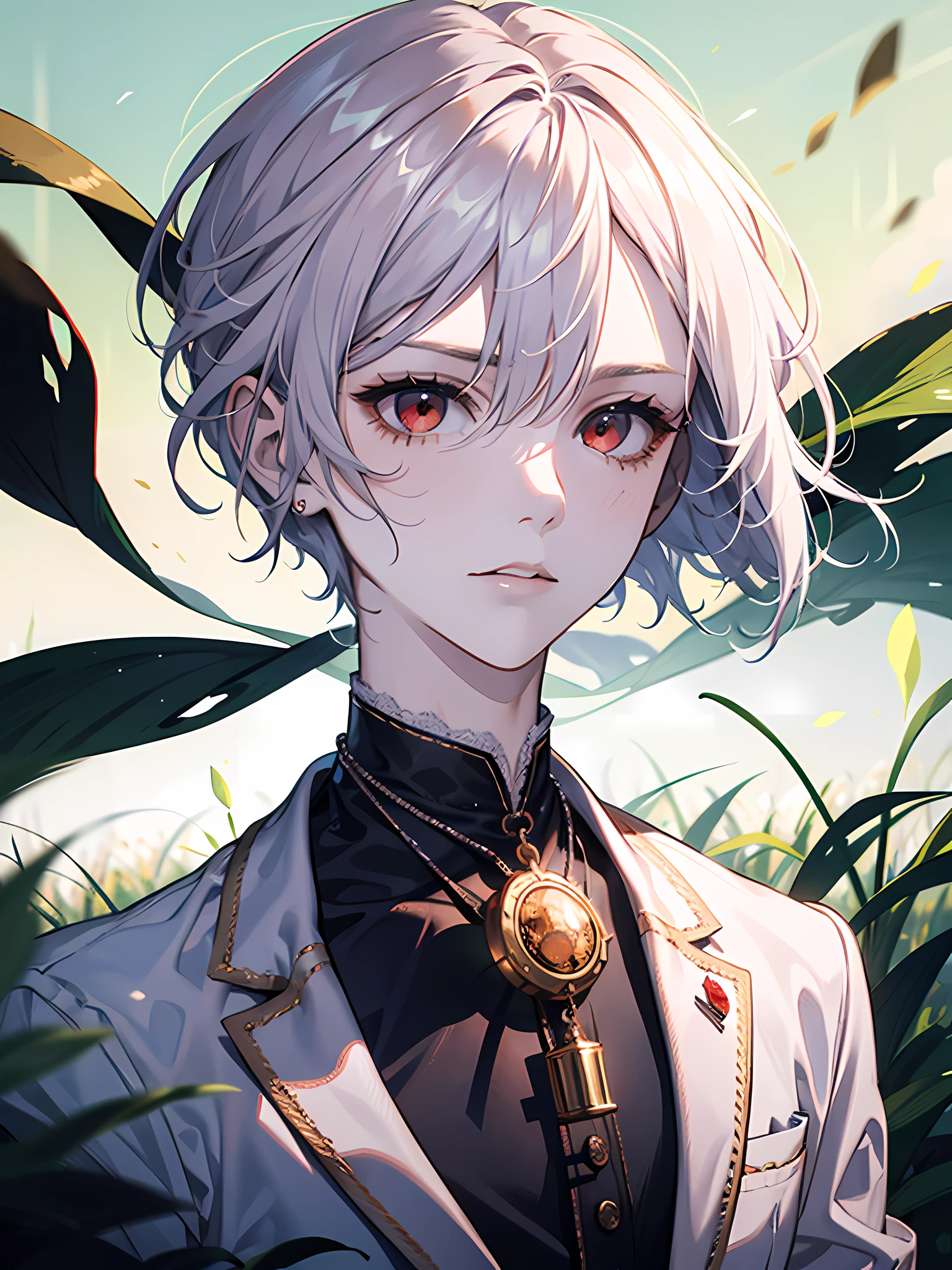 masterpiece, best quality, wheat field background:1.3, 1boy:1.3, white jacket:1.4, white shirt:1.4, red pendant on neck,platinum hair:1.3, short hair, cinematic shadows, cinematic lighting, burning ash particles:1.3, night, wavy hair:1.3, boy looking at me, red eyes:1.3