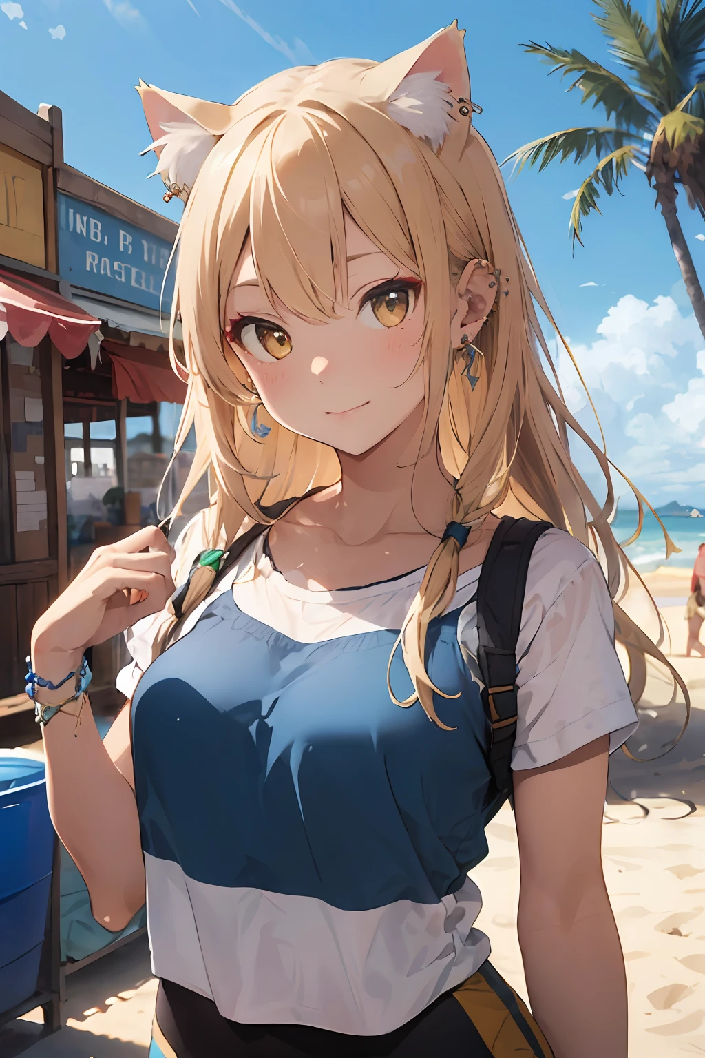 (Masterpiece: 1.2, highest quality), (Cat Ear Lady, Solo, Upper Body: 1.2), Clothing: Flowing, Bohemian, Colorful Print, Appearance: Long Wavy Hair, Natural Makeup, Multiple Ear Piercings, Behavior: Bohemian, Spontaneous, Sociable, Location: Beach Town, Tropical Island or Desert Oasis, Hobbies: Surfing, Yoga, Dancing