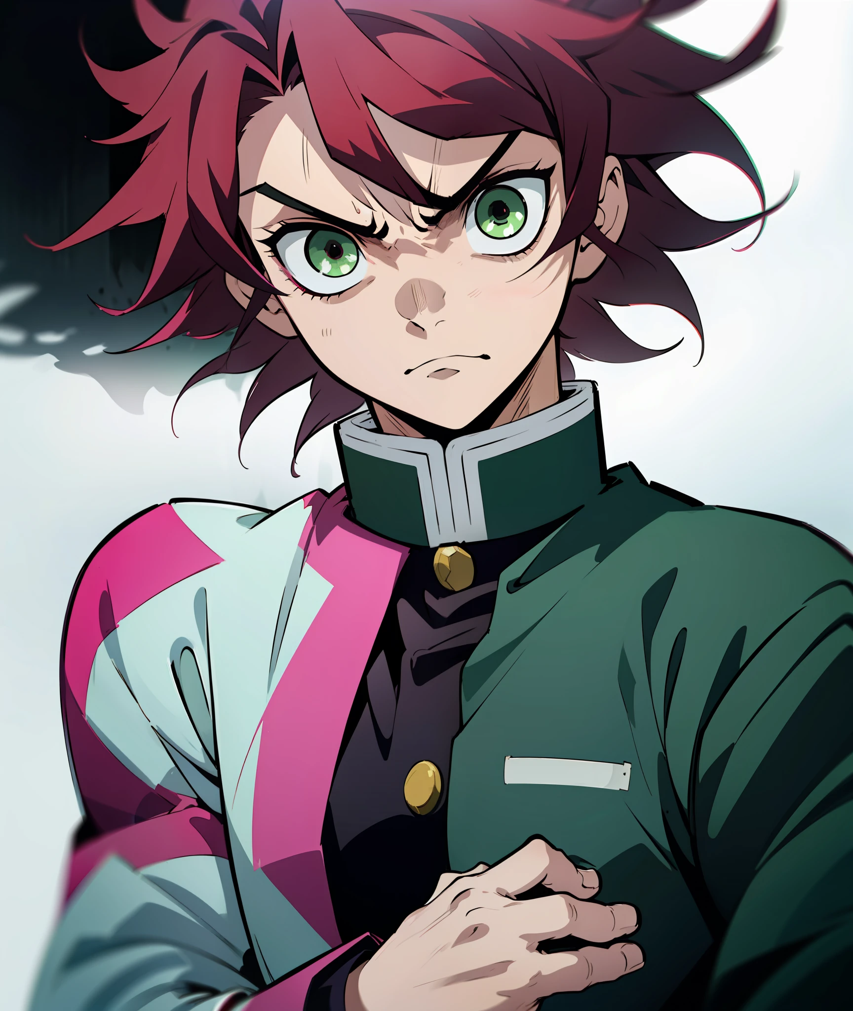 1boy, green eyes, sharp eyes, dark pink hair, messy hair, demon slayer uniform, muscles, angry, annoyed, messy, eyeliner, goth