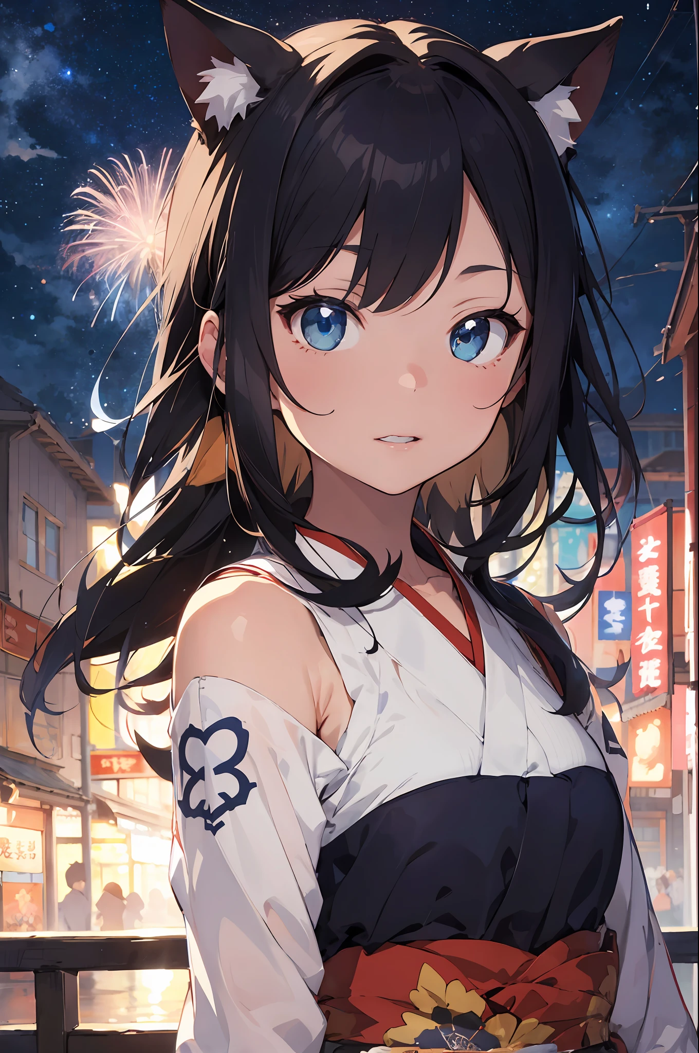 Anime cat ear girl in kimono clothes with cat ears, shoulder looking, anime drawing by Yang J, pixiv contest winner, serial art, digital anime illustration, kawashi, anime style illustration, anime style 4K, beautiful anime portrait, anime style portrait, anime style artwork, Guweiz style artwork, Anime Illustration, Digital Anime Art, Detailed Digital Anime Art, Beautiful Starry Sky, Fireworks