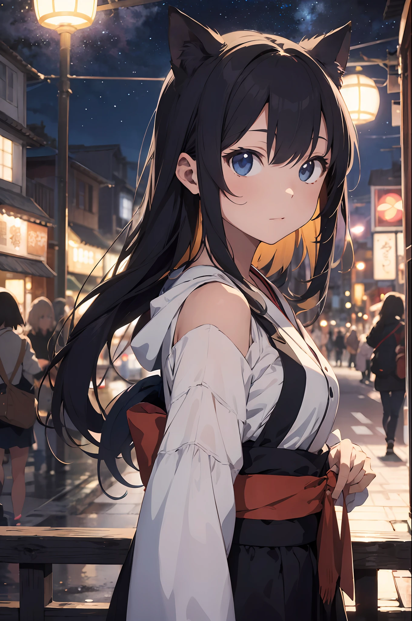 Anime cat ear girl in kimono clothes with cat ears, shoulder looking, anime drawing by Yang J, pixiv contest winner, serial art, digital anime illustration, kawashi, anime style illustration, anime style 4K, beautiful anime portrait, anime style portrait, anime style artwork, Guweiz style artwork, Anime Illustration, Digital Anime Art, Detailed Digital Anime Art, Beautiful Starry Sky, Fireworks