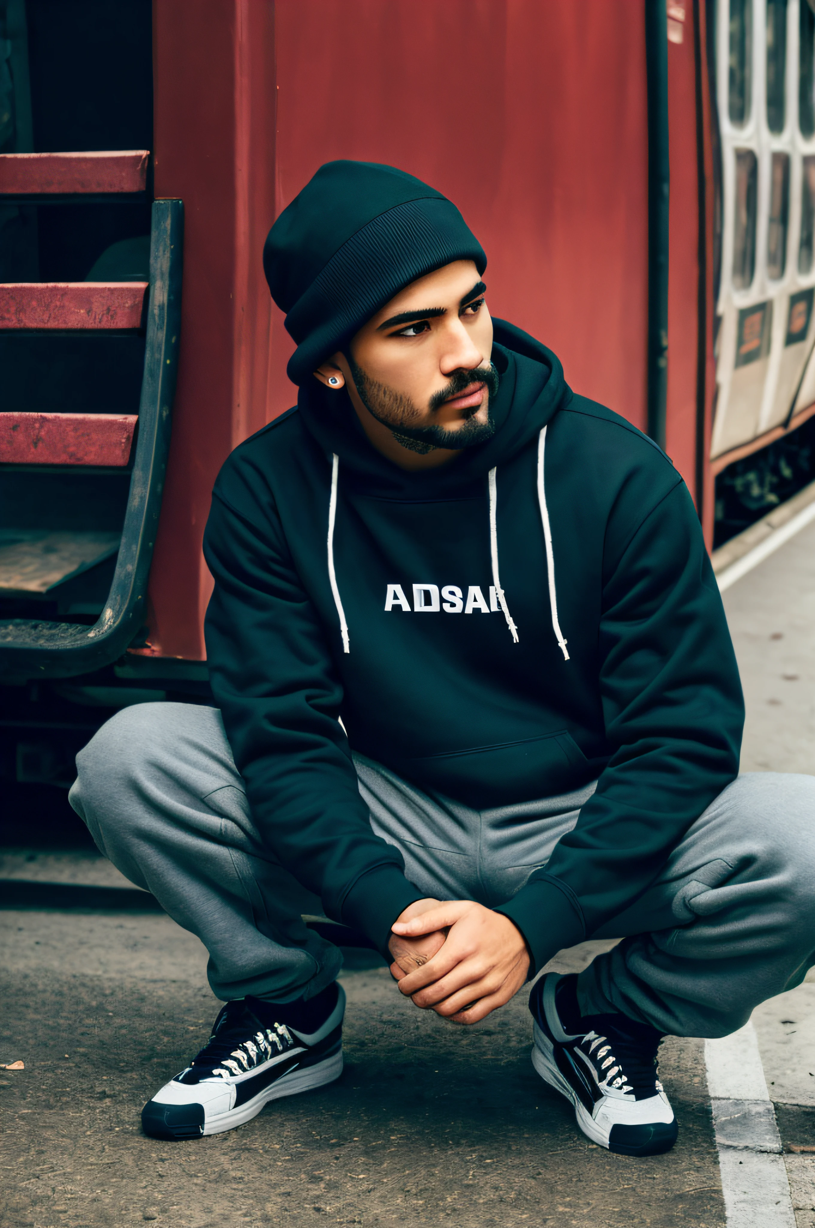 Hombre sentado en el suelo frente a un tren, pato, con una sudadera con capucha negra, Ropa de calle, Sombrero y sudadera con capucha, Ropa de calle, Contemplando, en una capucha, Foto de perfil, streetwear, Riyahd Cassiem, usar una sudadera con capucha, acronym, Ropa holgada y sombrero, Detalles enriquecidos, Sudadera con capucha negra , super realista , manos normales , HDR , misma cara , mismo rostro , no cambiar cara , no cara distitna