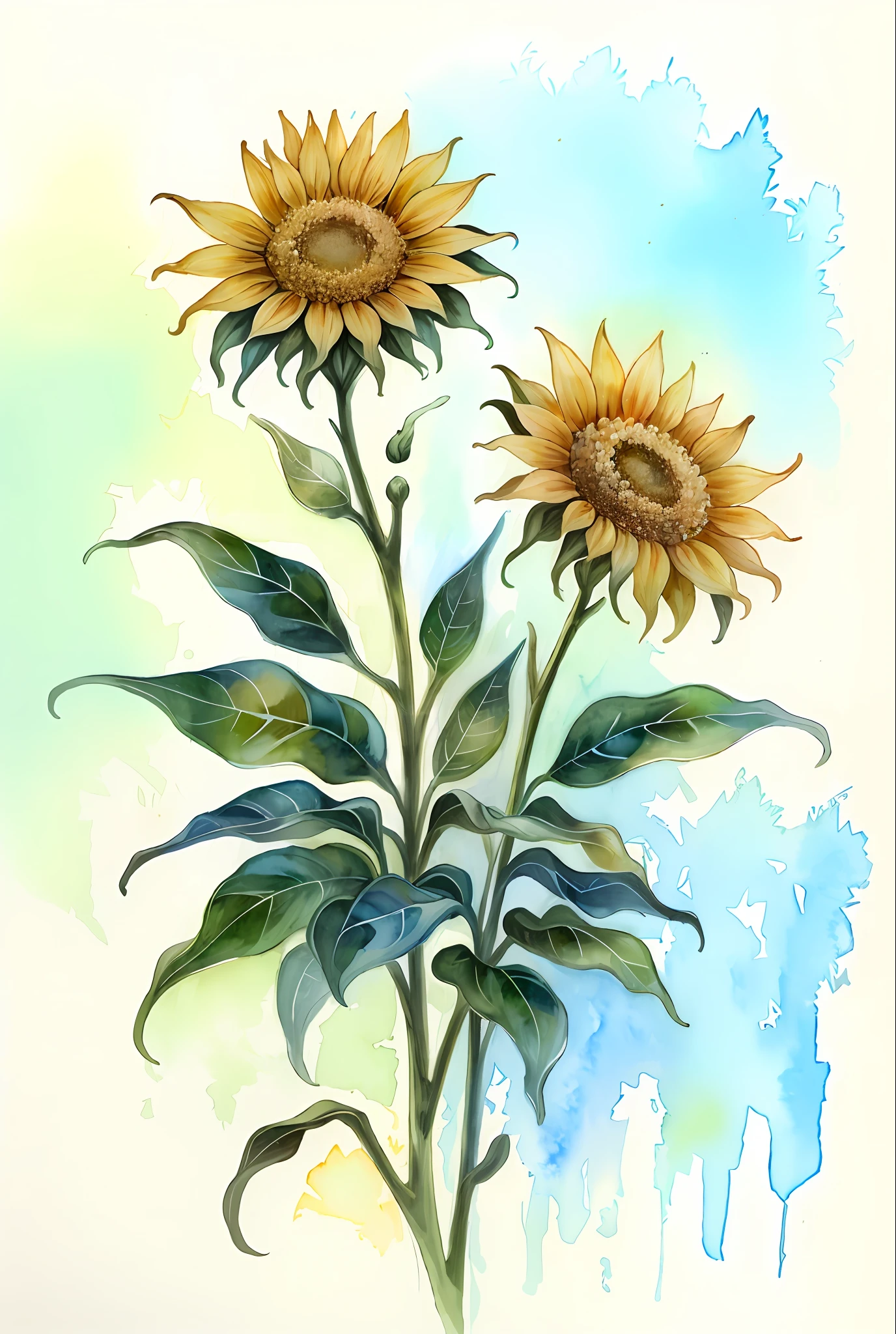 ( acuarela \(medio\), dibujo, hermoso Girasol.