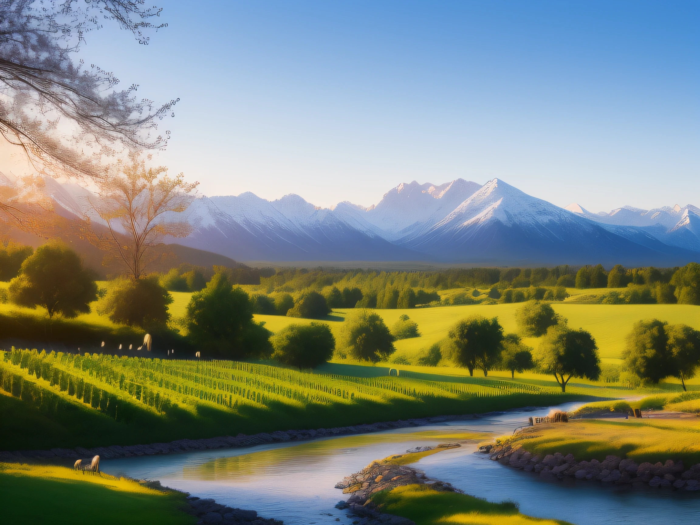 mountain range, valley, grape plantation, modern minimalist house, river, spring, late afternoon, horses, handwritten signature CASARIN, realistic scene, 8k
