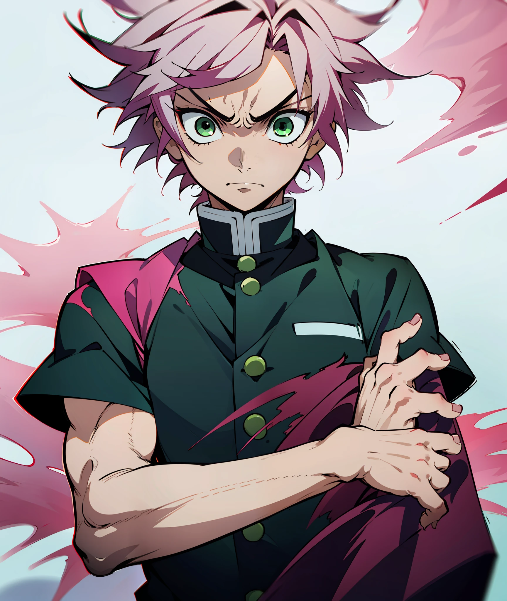 1boy, green eyes, sharp eyes, pink hair, messy hair, demon slayer uniform, muscles, angry, annoyed, messy, eyeliner, goth