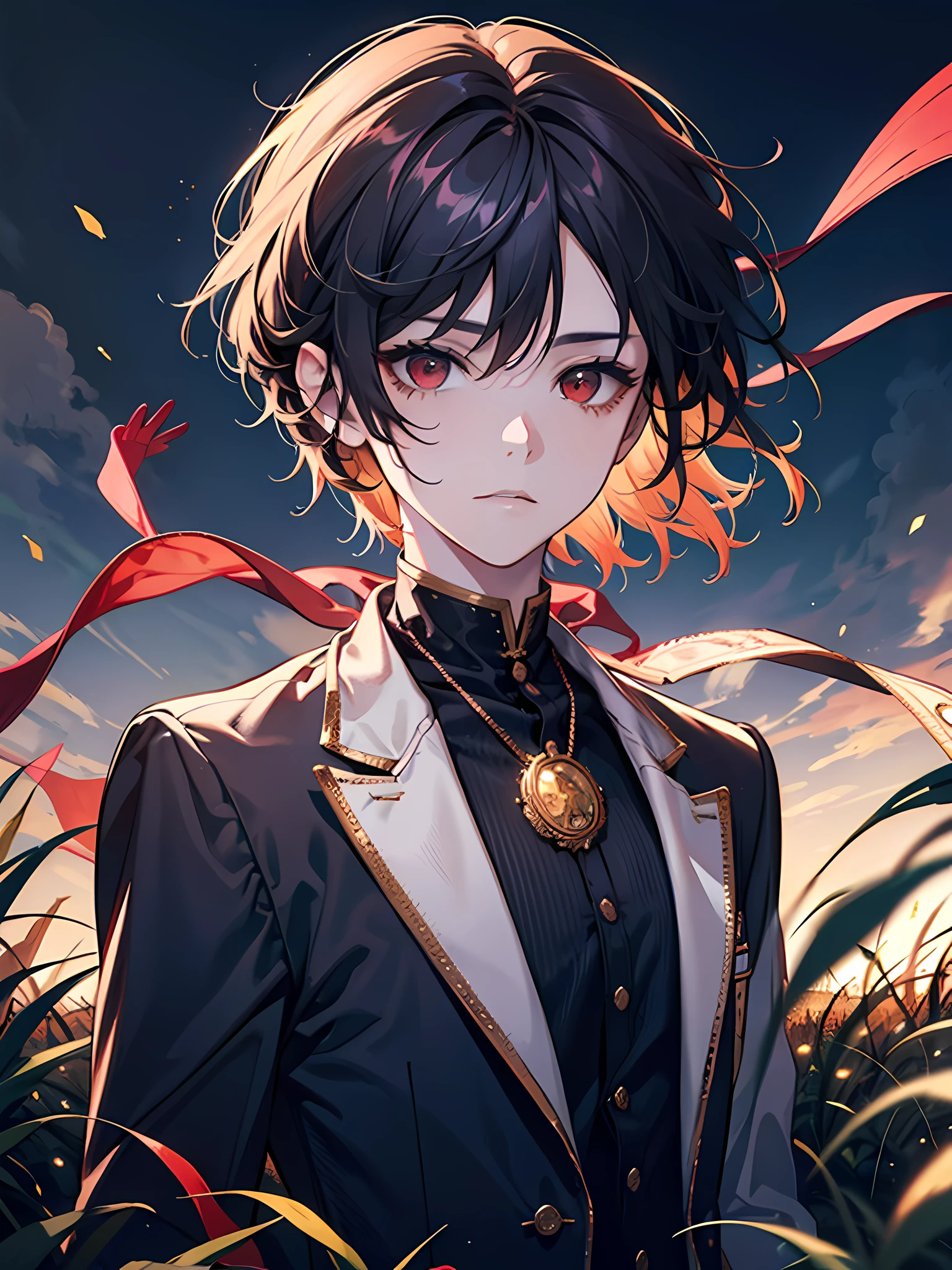 masterpiece, best quality, wheat field background:1.3, 1boy:1.3, white jacket:1.4, white shirt:1.4, red pendant on neck,platinum hair:1.3, short hair, cinematic shadows, cinematic lighting, burning ash particles:1.3, night, wavy hair:1.3, boy looking at me, red eyes:1.3