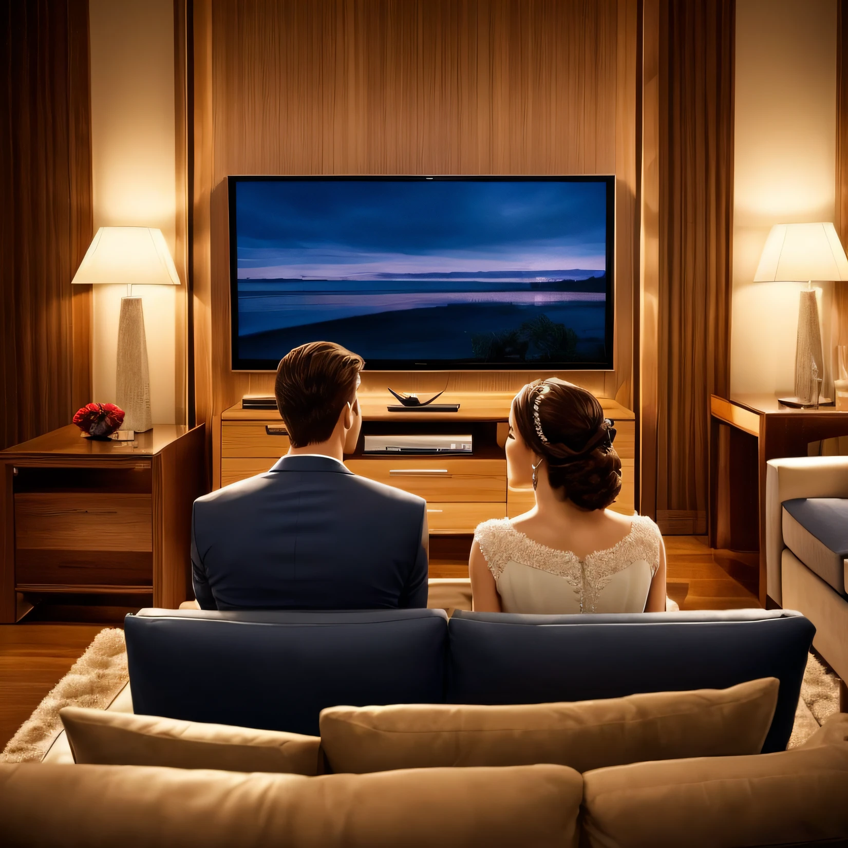 An elegant man and woman sitting on their backs on a modern sofa, assistindo uma TV  de 60 polegadas em uma sala de estar luxuosamente decorada, aconchegante e iluminada, with a touch of elegance. --auto