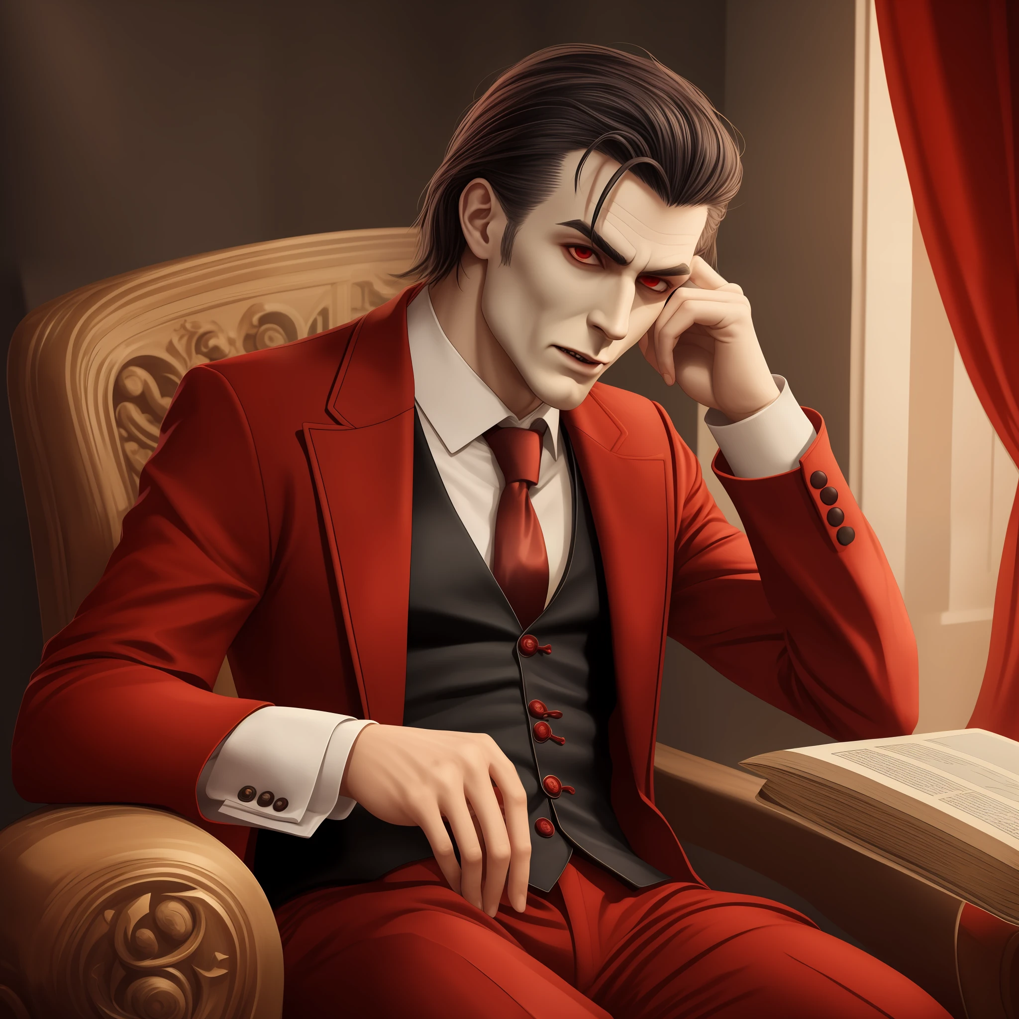 Modern Dracula sitting in a comfortable chair, tomando um vinho e lendo um livro, HDR, realista, Sombra realista, Contraste suave, best ilumination, fundo sala de um castelo sombrio, roupas sociais, red demonic eyes, normal hands, pale face, pale skinned