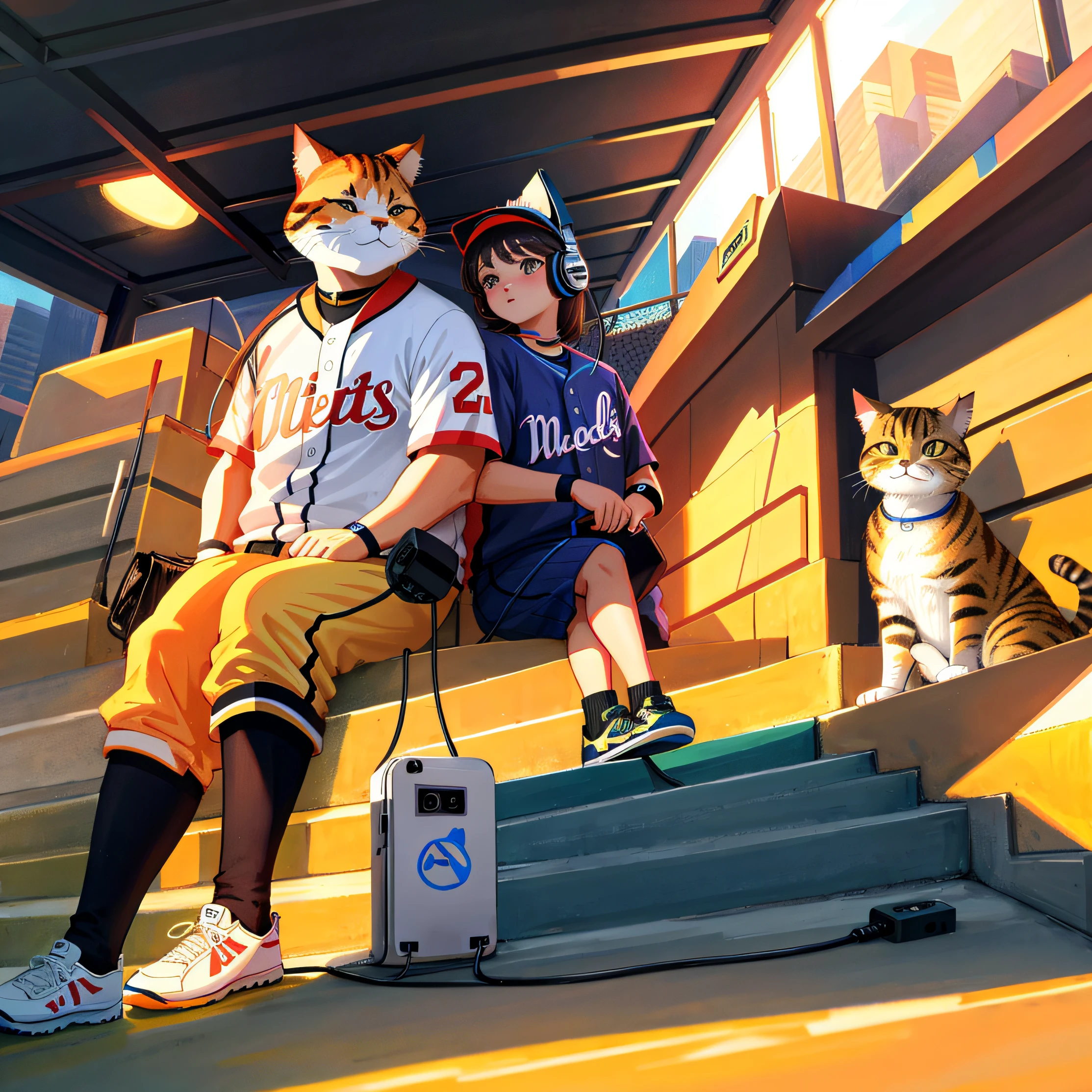 anthropomorphic fat cat listening to music, headphones , holding mp3 player, best quality, masterpiece, ,high quality, ,highres, ,absurdres, __art global illumination, baseball jersey,