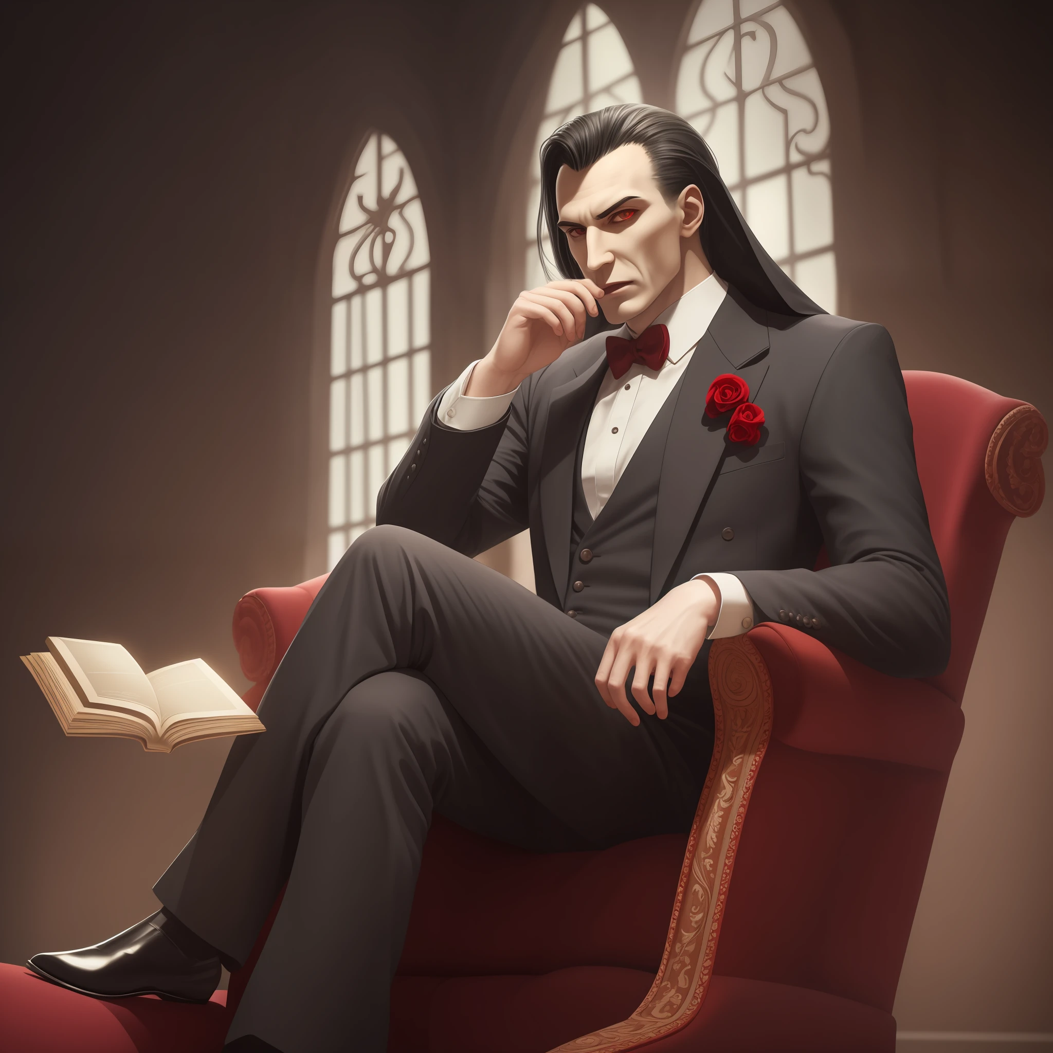 Modern Dracula sitting in a comfortable chair, tomando um vinho e lendo um livro, HDR, realista, Sombra realista, Contraste suave, best ilumination, fundo sala de um castelo sombrio, roupas sociais, red demonic eyes, normal hands, pale face, pale skinned