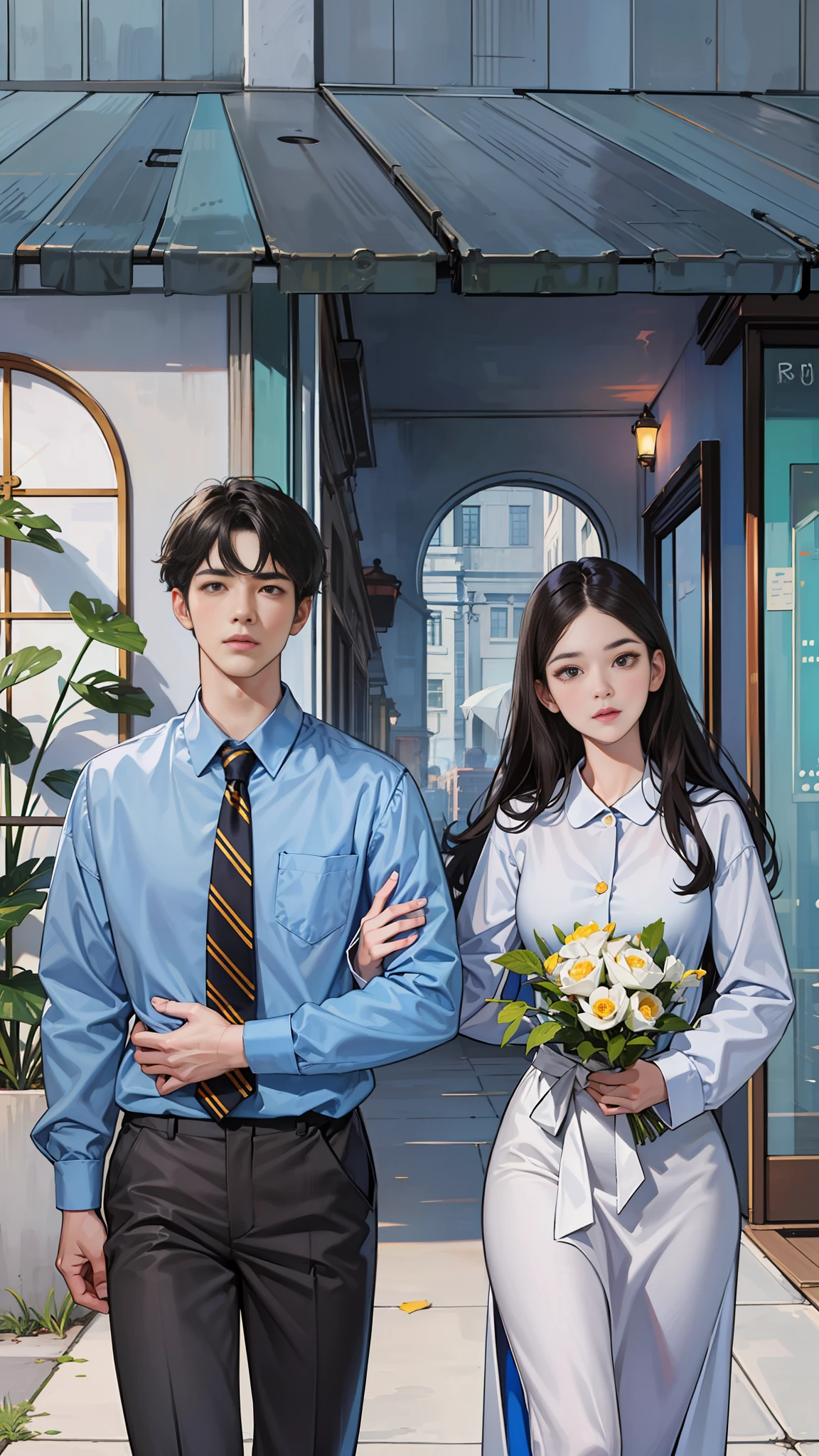 Shown is a man and a woman, with height difference, handsome, 20 years old, white shirt, black pants, back head, handsome, high appearance, high nose bridge, big eyes, double eyelids, mixed race, tall, black hair, brown eyes, symmetrical eyes, looking at the girl,, a woman wearing a beautiful skirt, long black hair, symmetrical eyes, big eyes, black eyes, there is a height difference
