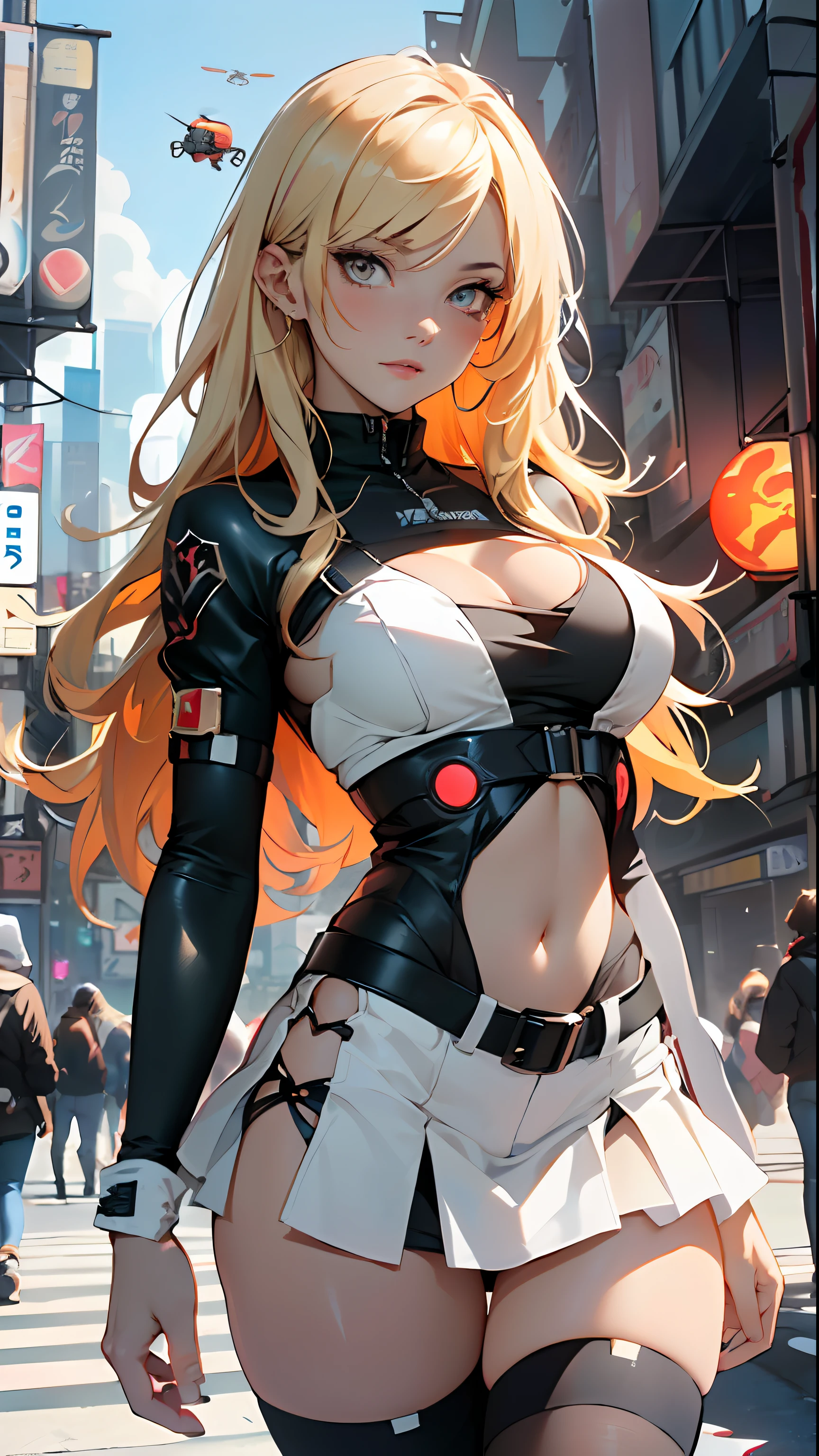 girl rave,(1girl:1.3),((anime girl with extremely cute and beautiful blonde hair walking seductively down the street)),
(large breasts:1.4),saggy breasts,(((very light blonde hair:1.35, straight hair, long hair:1.4, colored inner hair,ear breathing))),((very light yellow eyes:1.3,upturned eyes:1.3,perfect eyes,beautiful detailed eyes,rainbow glows ultra-detailed deep white yellow eyes:1.1,gradient eyes:1,finely detailed beautiful eyes:1,symmetrical eyes:1,big highlight on eyes:1.2)),(fat:1.2),(((lustrous skin:1.5,bright skin: 1.5,skin tanned,shiny skin,very shiny skin,shiny body,plastic glitter skin,exaggerated shiny skin))),(spider lower abdomen,narrow waist,wide hip,athletic body,inflated legs,delicate detailed fingers,detailed body,detailed arms,human hands, detailed hands),
cute,slutty,seductive,erotic,nsfw,
zettai ryouiki,revealing clothing,show skin,((rave shirt with an orange print, rave mini-skirt,visible thong straps)),(wearing a rave outfit:1.3,rave clothes,semi-naked,with little clothing,),(detailed outfit,detailed clothes),(((sphere shaped drone flying after her))),
(dynamic pose:1.0),solo focus,embarrassed,centered,scale to fit dimensions,Rule of thirds,
outdoors,(cyberpunk Background: 1.5, detailed background:1.25),sunny day, clouds
(Isometric: 1.0),double exposure,(masterpiece,best quality:1.3),(highres:1.5), absurdres,ultra detailed,cinematic light,realistic,ultra-realistic,high contrast,extraordinarily nice,vibrant colors,(intricate),HDR (High Dynamic Range),Ray Tracing,NVIDIA RTX,Super-Resolution,Unreal 5,Subsurface dispersion,PBR texture,Post-processing,Anisotropic filtering,Depth of field,Maximum clarity and sharpness,Multilayer textures,Albedo and specular maps,Surface shading,Accurate simulation of light-material interaction,Octane Render,Two-tone lighting,Wide aperture,Low ISO,White balance,8K RAW,Saturation boost,