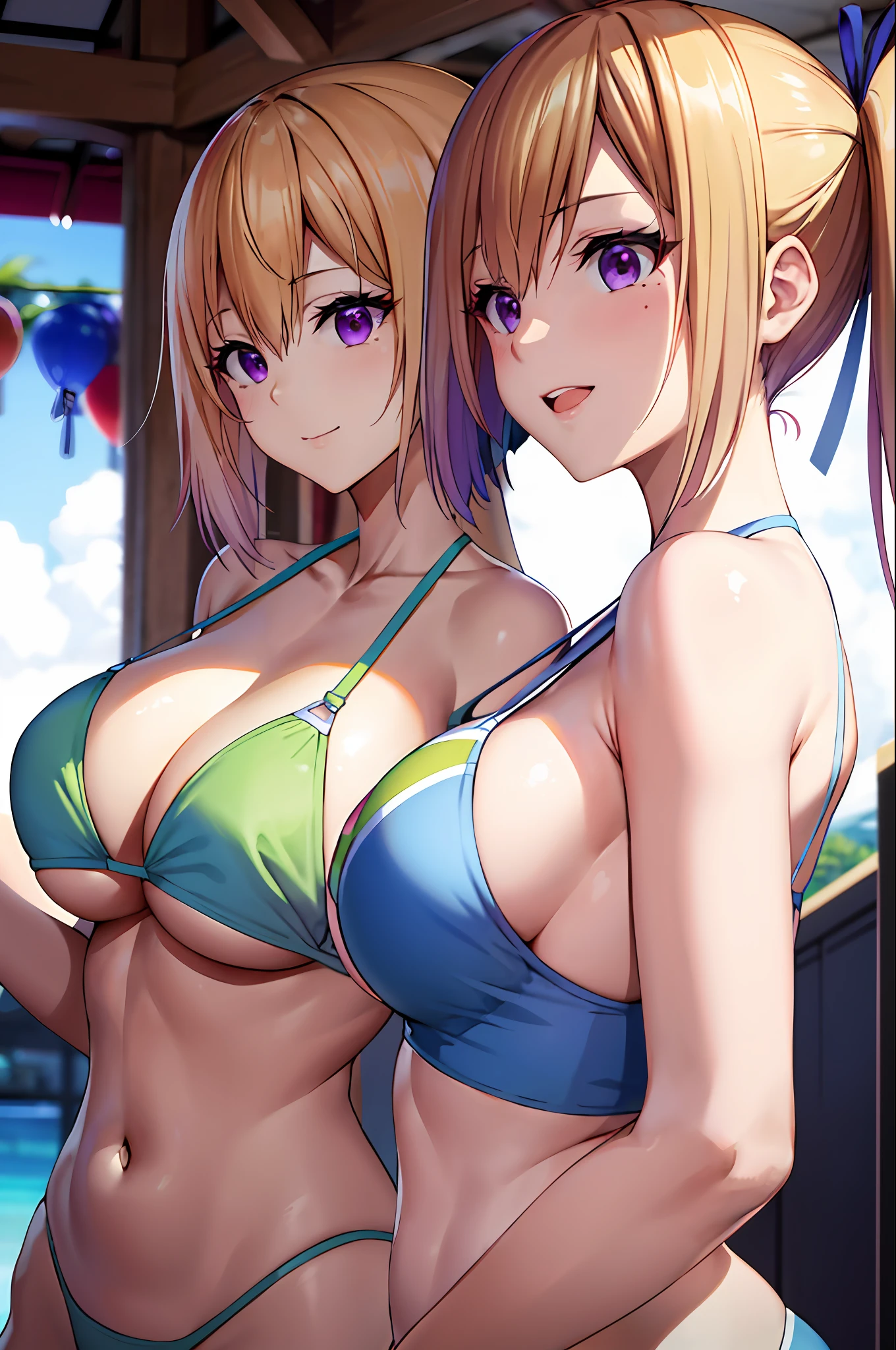 8K,​masterpiece, bset quality、（1girl in）、shinny skin、Shiny big、 ((top-quality))、 Crisp focus:1.2、Highly detailed facial and skin texture、A detailed eye、face perfect、perfect bodies、Blur the background、Big breasts with a strong presence、（Mai Kawakami、a blond、((side poneyTail))、Purple Eye、bangss、gradation hair、The bikini）、（kawakami_touko、Large breasts、Hair Ribbon、Mole under the eyes、）、A smile、the beach、from side