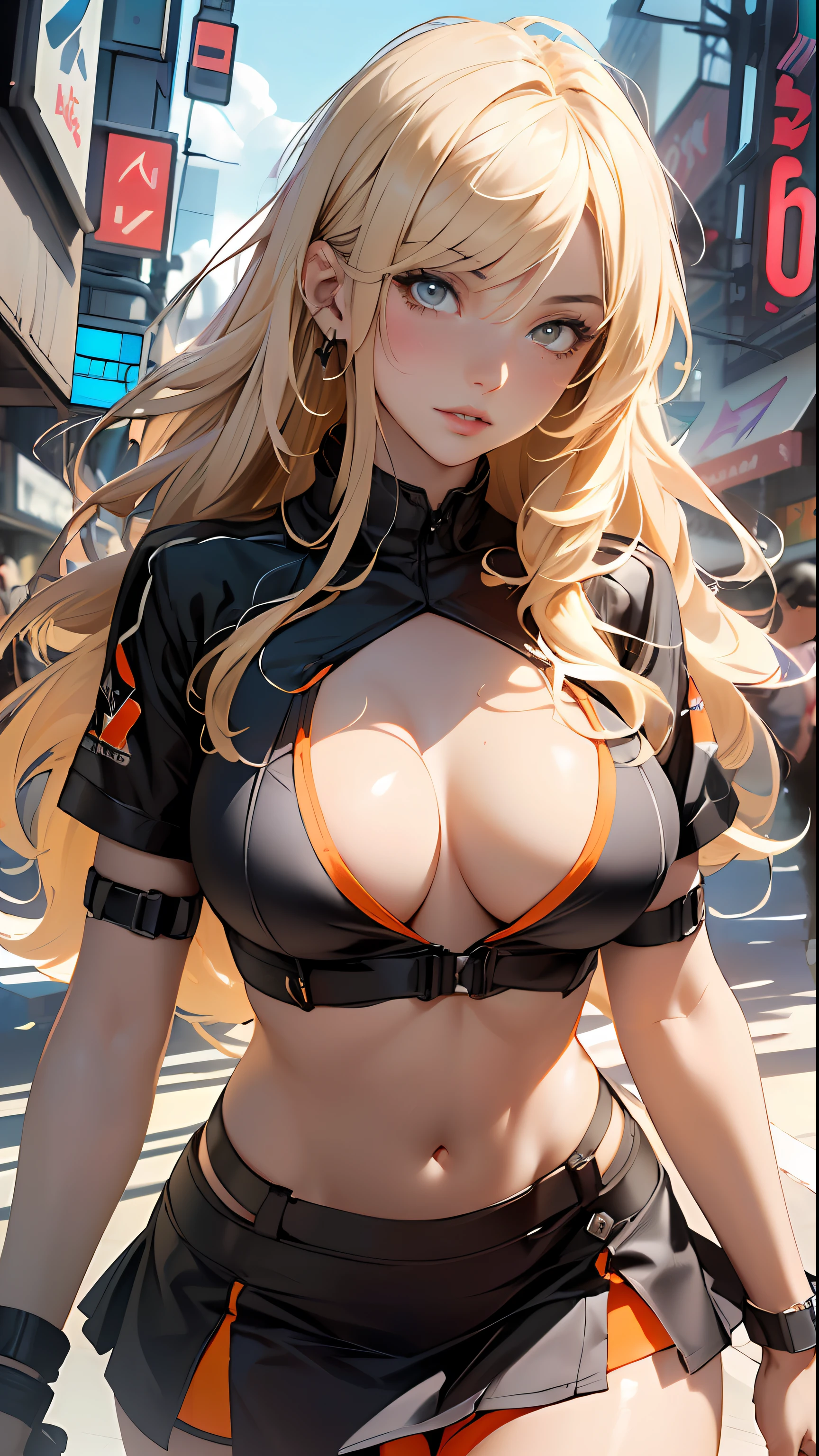 girl rave,(1girl:1.3),((anime girl with extremely cute and beautiful blonde hair walking seductively down the street)),
(large breasts:1.4),saggy breasts,(((very light blonde hair:1.35, straight hair, long hair:1.4, colored inner hair,ear breathing))),((very light yellow eyes:1.3,upturned eyes:1.3,perfect eyes,beautiful detailed eyes,rainbow glows ultra-detailed deep white yellow eyes:1.1,gradient eyes:1,finely detailed beautiful eyes:1,symmetrical eyes:1,big highlight on eyes:1.2)),(fat:1.2),(((lustrous skin:1.5,bright skin: 1.5,skin tanned,shiny skin,very shiny skin,shiny body,plastic glitter skin,exaggerated shiny skin))),(spider lower abdomen,narrow waist,wide hip,athletic body,inflated legs,delicate detailed fingers,detailed body,detailed arms,human hands, detailed hands),
cute,slutty,seductive,erotic,nsfw,
zettai ryouiki,revealing clothing,show skin,((rave shirt with an orange print, rave mini-skirt,visible thong straps)),(wearing a rave outfit:1.3,rave clothes,semi-naked,with little clothing,),(detailed outfit,detailed clothes),(((sphere shaped drone flying after her))),
(dynamic pose:1.0),solo focus,embarrassed,centered,scale to fit dimensions,Rule of thirds,
outdoors,(cyberpunk Background: 1.5, detailed background:1.25),sunny day, clouds
(Isometric: 1.0),double exposure,(masterpiece,best quality:1.3),(highres:1.5), absurdres,ultra detailed,cinematic light,realistic,ultra-realistic,high contrast,extraordinarily nice,vibrant colors,(intricate),HDR (High Dynamic Range),Ray Tracing,NVIDIA RTX,Super-Resolution,Unreal 5,Subsurface dispersion,PBR texture,Post-processing,Anisotropic filtering,Depth of field,Maximum clarity and sharpness,Multilayer textures,Albedo and specular maps,Surface shading,Accurate simulation of light-material interaction,Octane Render,Two-tone lighting,Wide aperture,Low ISO,White balance,8K RAW,Saturation boost,