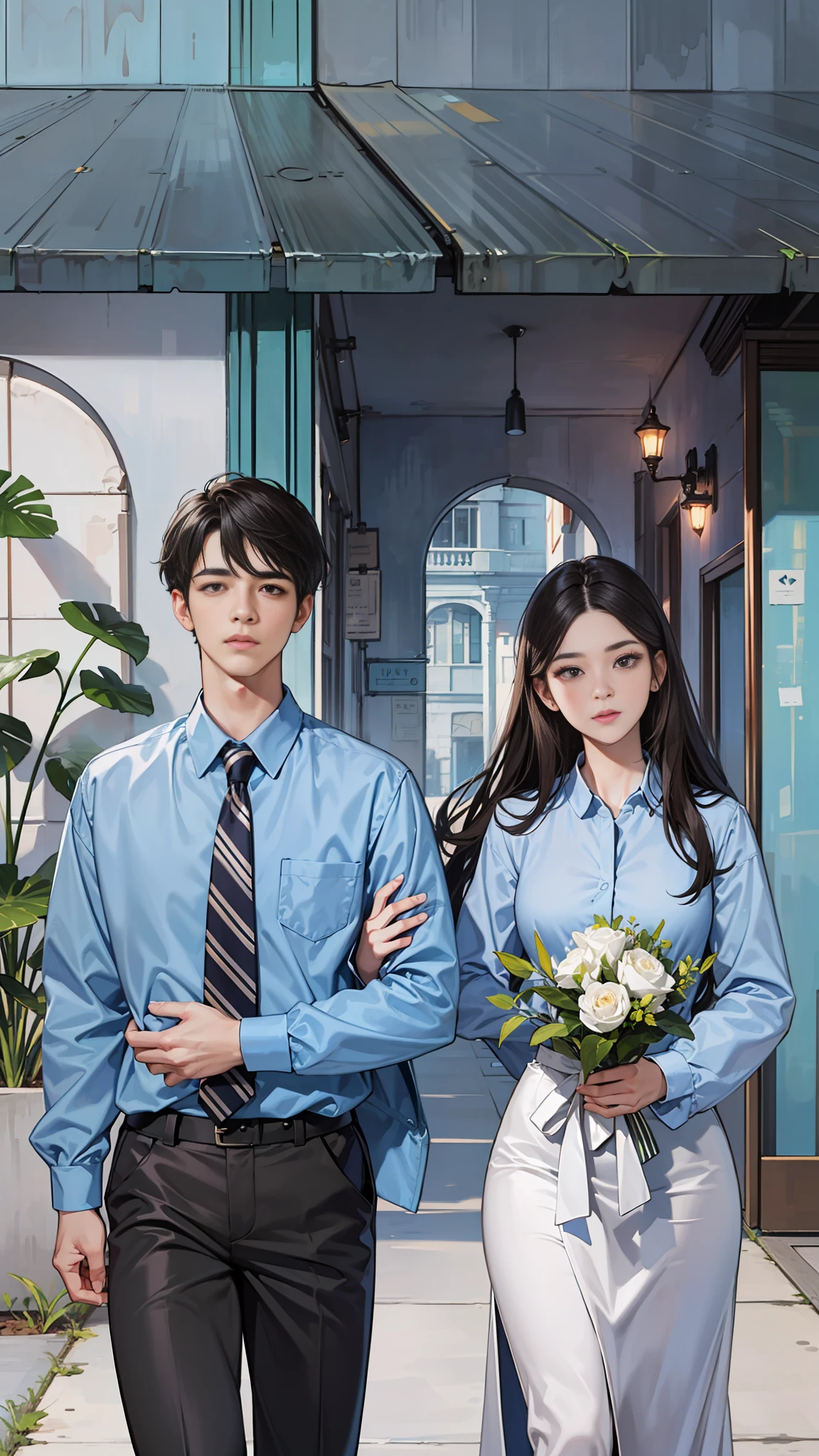 Shown is a man and a woman, with height difference, handsome, 20 years old, white shirt, black pants, back head, handsome, high appearance, high nose bridge, big eyes, double eyelids, mixed race, tall, black hair, brown eyes, symmetrical eyes, looking at the girl,, a woman wearing a beautiful skirt, long black hair, symmetrical eyes, big eyes, black eyes, there is a height difference