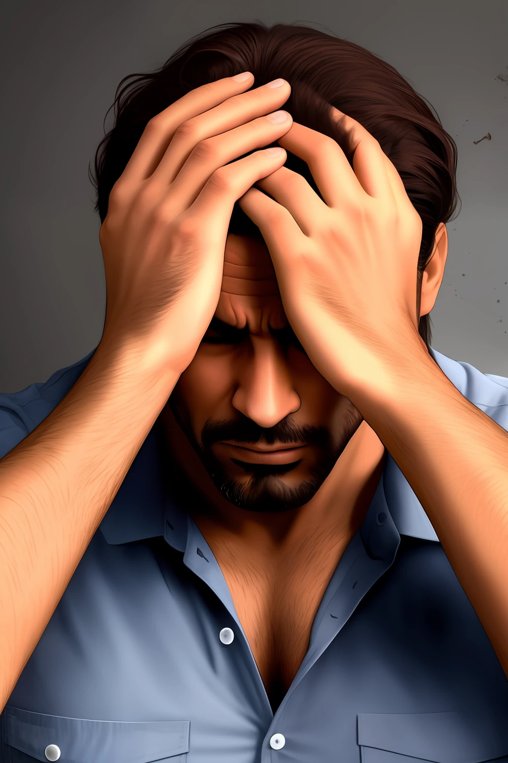 Homem trabalha amuito cansado, with hands on head realistic image